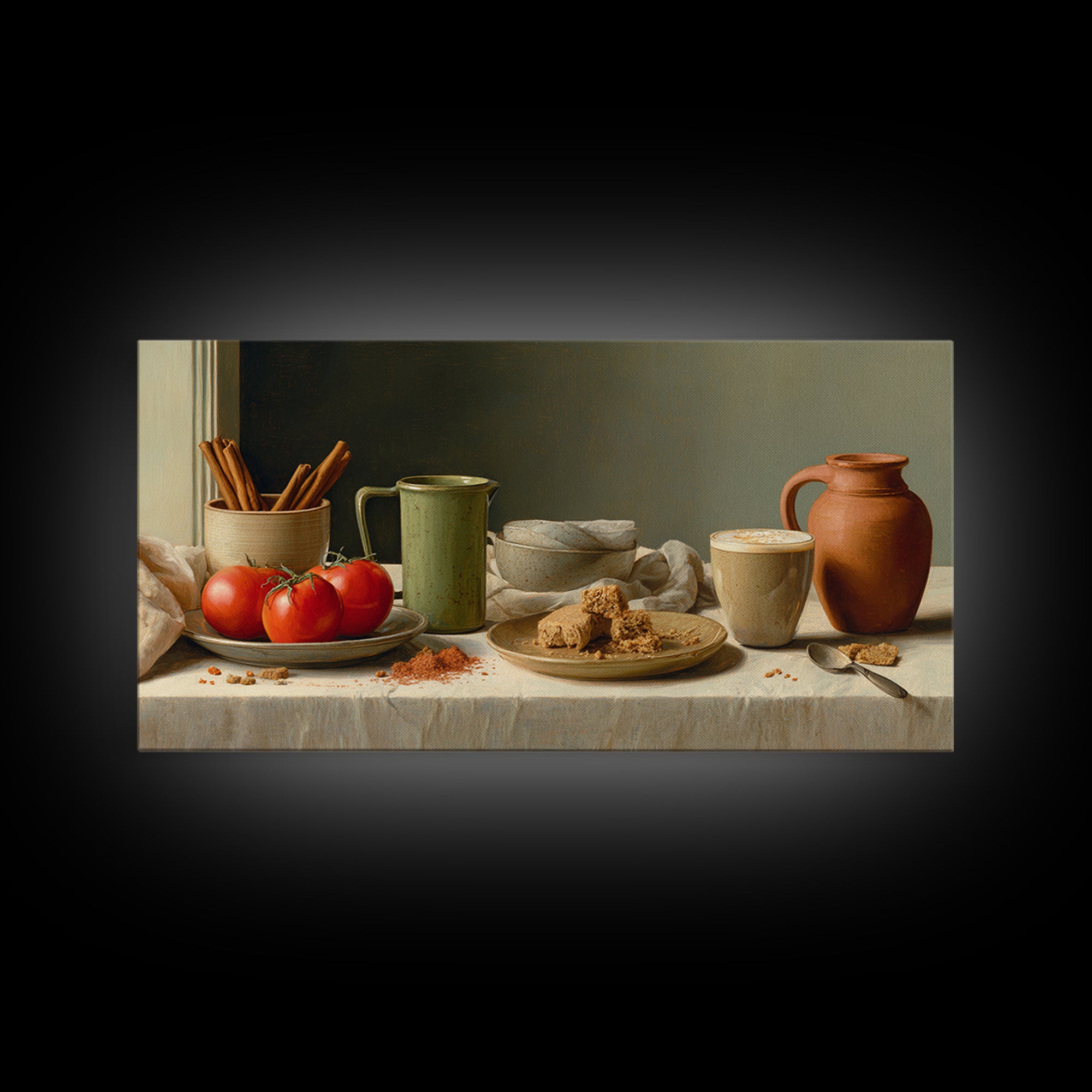 Cinnamon Sticks and Cappuccino Foam Still Life Framed Canvas Print, Coffee Shop Art, Statement Artwork, Cafe Decor, Cafe, CSA-2x1-20