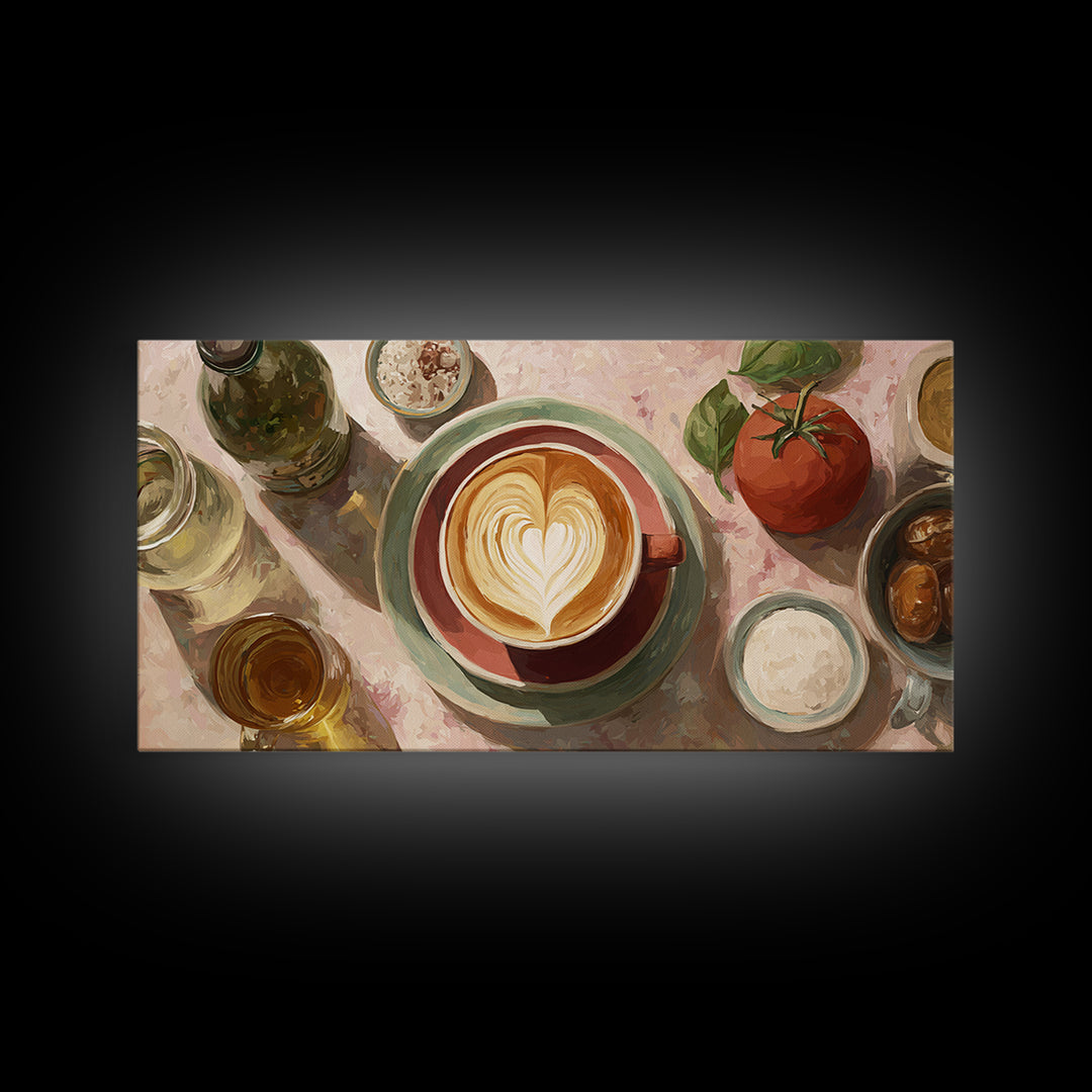 Latte Art Heart Seen from Above Framed Canvas Print, Coffee Shop Art, Minimalist Decor, Cafe Decor, Cafe, Kitchen Wall Art, CSA-2x1-24