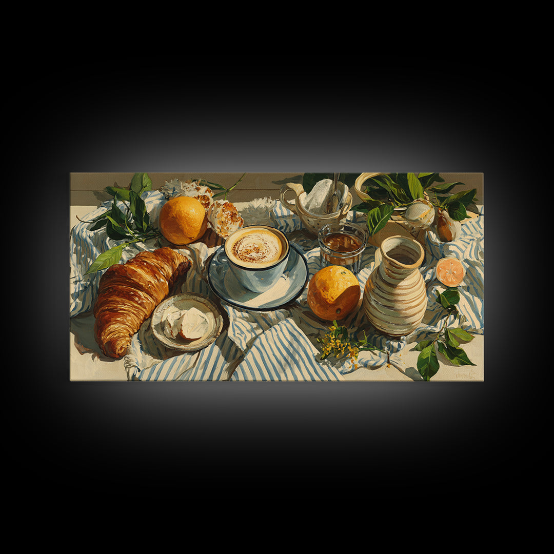 Croissant and Cappuccino on Striped Cloth Framed Canvas Print, Coffee Shop Art, Canvas Wall Art, Cafe Decor, Fine Art, Cafe, CSA-2x1-25
