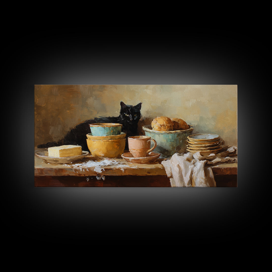 Black Cat Beside a Steaming Cup Framed Canvas Print, Coffee Shop Art, Contemporary Art, Cafe Decor, Cafe, Printable Art, CSA-2x1-34