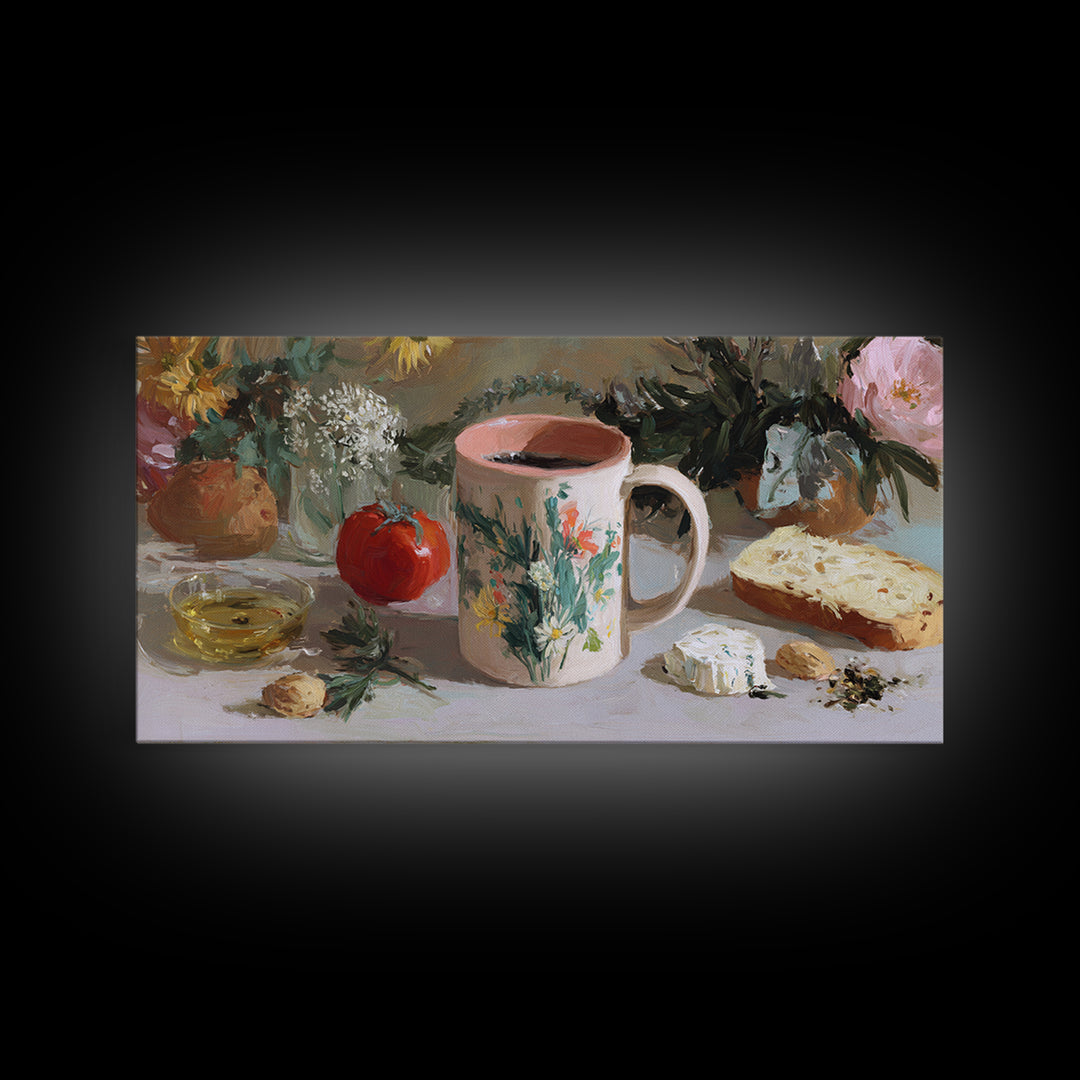 Ceramic Mug with Wildflowers Around It Canvas Print, Coffee Shop Art, Home Decor, Cafe Decor, Fine Art, Cafe, Kitchen Art, CSA-2x1-36