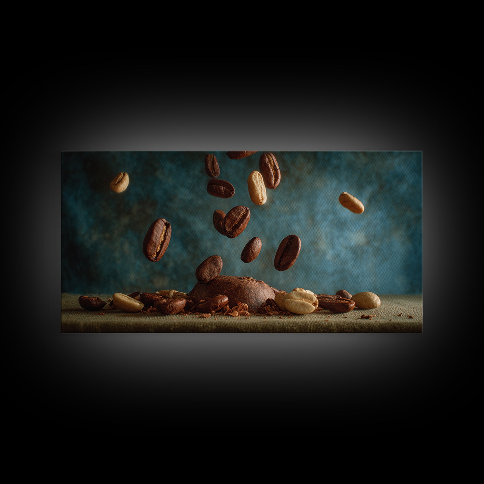 Roasted Beans Falling Through Dark Space Framed Canvas Print, Coffee Shop Art, Wall Decor, Cafe Decor, Fine Art, Cafe, CSA-2x1-40
