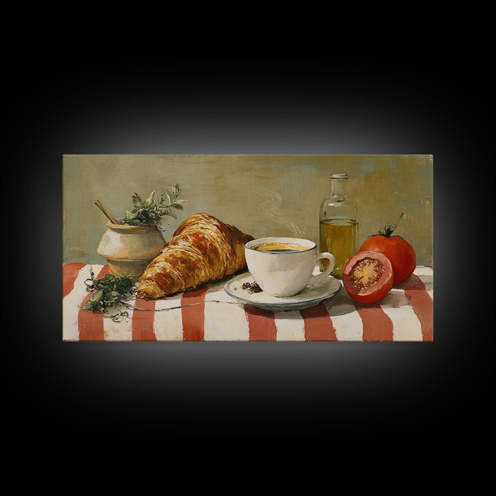 Croissant and Cappuccino on Striped Cloth Canvas Print, Coffee Shop Art, Kitchen Art, Cafe Decor, Cafe, Minimalist Wall Art, CSA-2x1-49