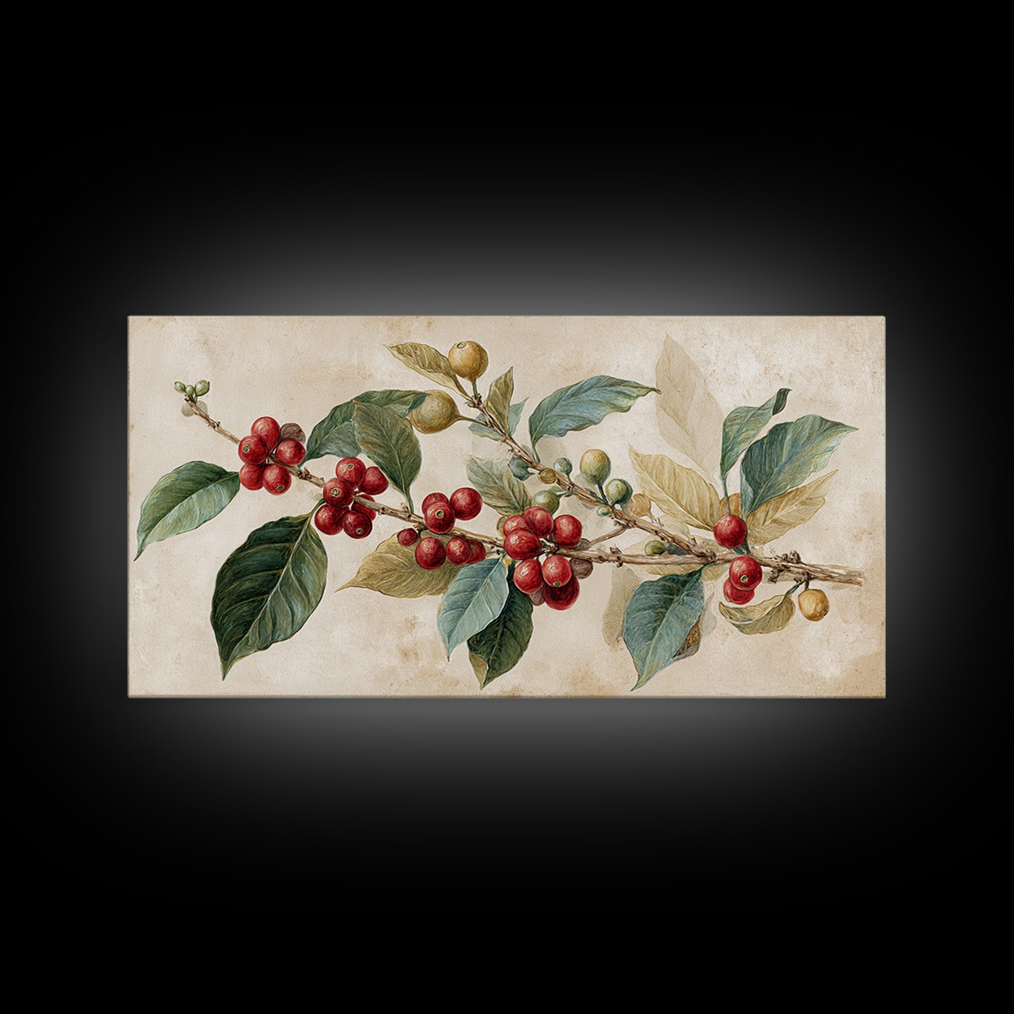 Botanical Coffee Plant Branch Framed Canvas Print, Coffee Shop Art, Coffee, Cafe Decor, Oil Painting, Cafe, Living Room Decor, CSA-2x1-50
