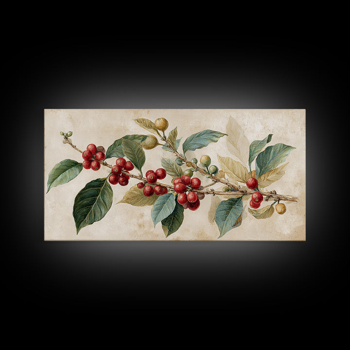 Botanical Coffee Plant Branch Framed Canvas Print, Coffee Shop Art, Coffee, Cafe Decor, Oil Painting, Cafe, Living Room Decor, CSA-2x1-50