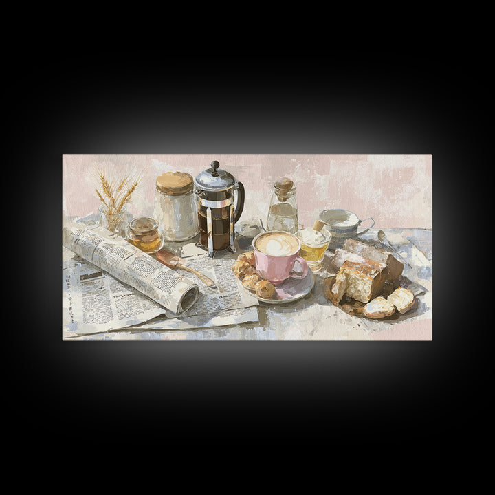 French Press and Morning Newspaper Without Readable Canvas Print, Coffee Shop Art, Art Print, Cafe Decor, Fine Art, Cafe, CSA-2x1-54