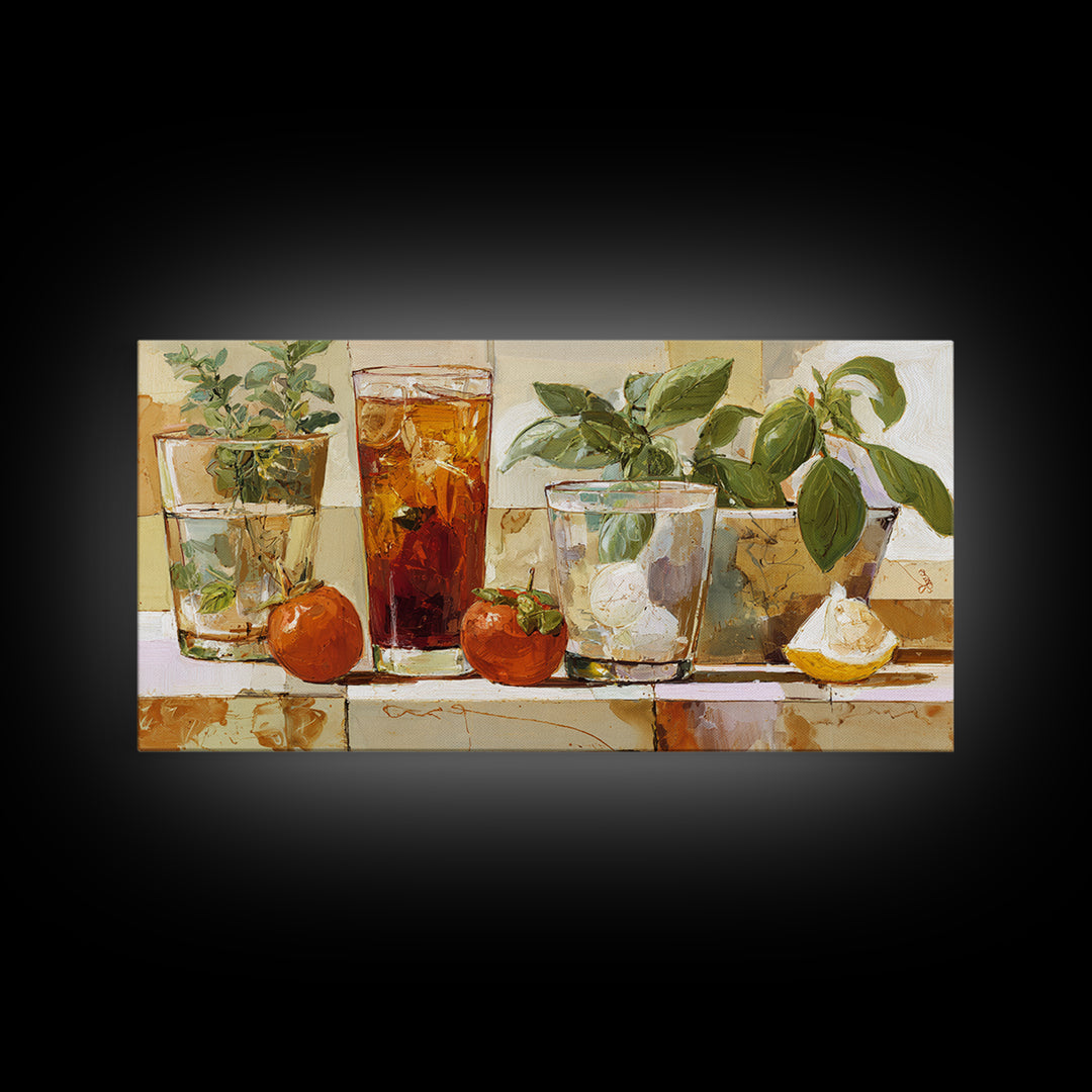 Iced Coffee Glass Framed Canvas Print, Coffee Shop Art, Dark Academia Decor, Cafe Decor, Fine Art, Cafe, Whimsical Art, CSA-2x1-55