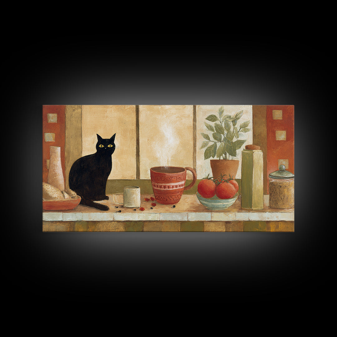 Black Cat Beside a Steaming Cup Canvas Print, Coffee Shop Art, Printable, Cafe Decor, Fine Art, Cafe, Dopamine Decor, CSA-2x1-58