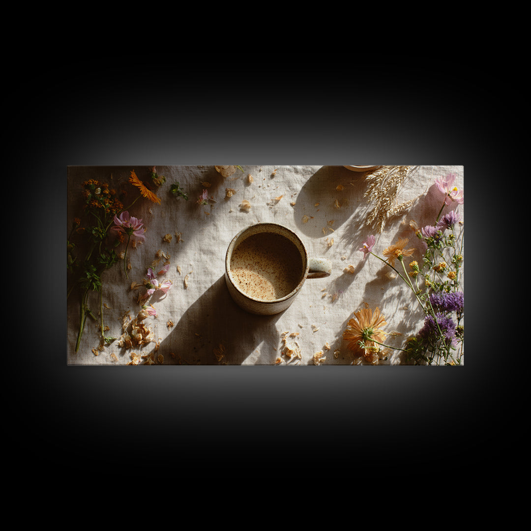 Ceramic Mug with Wildflowers Around It Framed Canvas Print, Coffee Shop Art, Digital Wall Art, Cafe Decor, Fine Art, Cafe, CSA-2x1-60