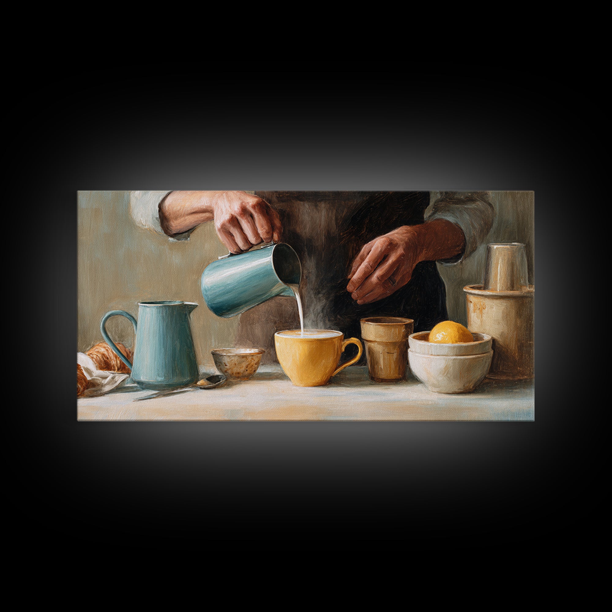 Barista Hands Pouring Milk into Espresso Framed Canvas Print, Coffee Shop Art, Printable Art, Cafe Decor, Abstract Art, Cafe, CSA-2x1-65