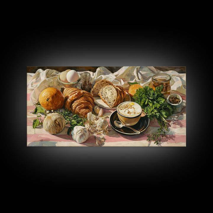 Croissant and Cappuccino on Striped Cloth Canvas Print, Coffee Shop Art, Kitchen Art, Cafe Decor, Cafe, Minimalist Wall Art, CSA-2x1-73