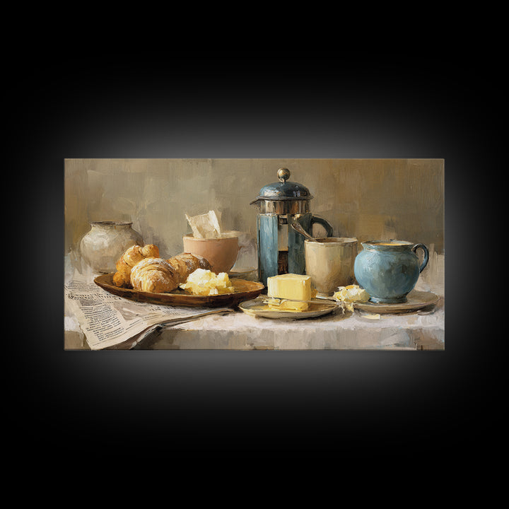 French Press and Morning Newspaper Without Readable Canvas Print, Coffee Shop Art, Art Print, Cafe Decor, Fine Art, Cafe, CSA-2x1-78