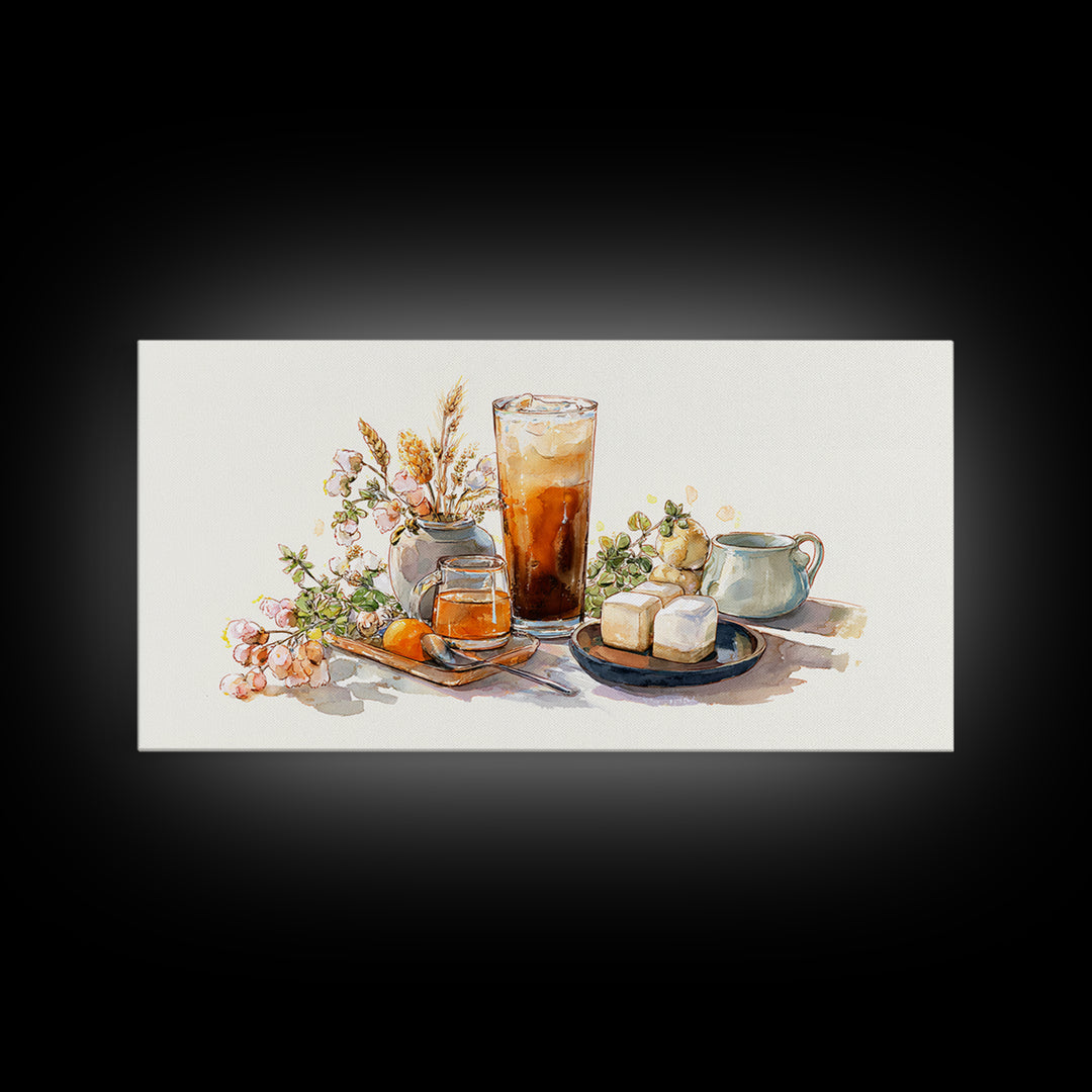 Iced Coffee Glass Framed Canvas Print, Coffee Shop Art, Food Art, Cafe Decor, Fine Art, Cafe, Minimalist Decor, CSA-2x1-79
