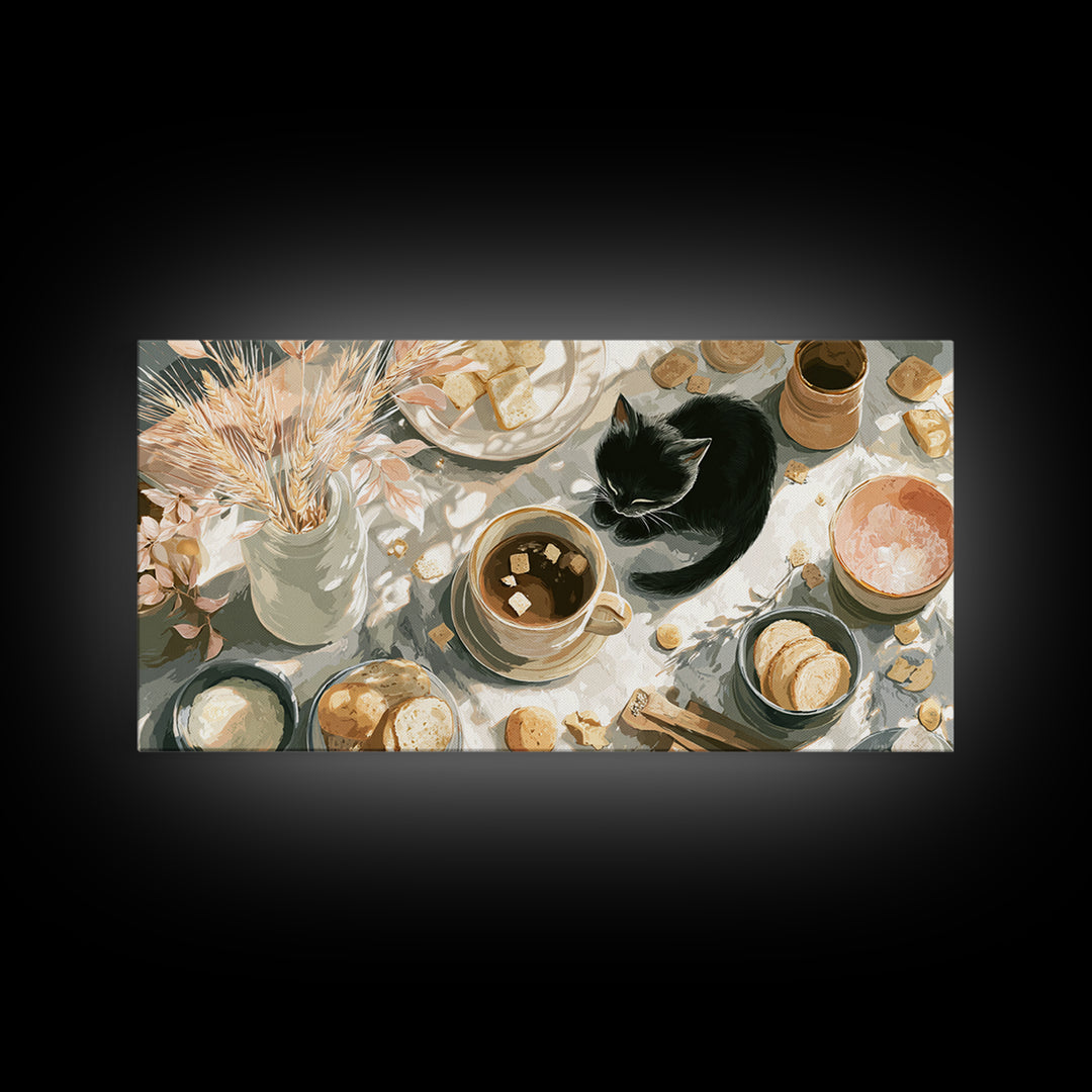 Black Cat Beside a Steaming Cup Canvas Print, Coffee Shop Art, Printable, Cafe Decor, Fine Art, Cafe, Dopamine Decor, CSA-2x1-82