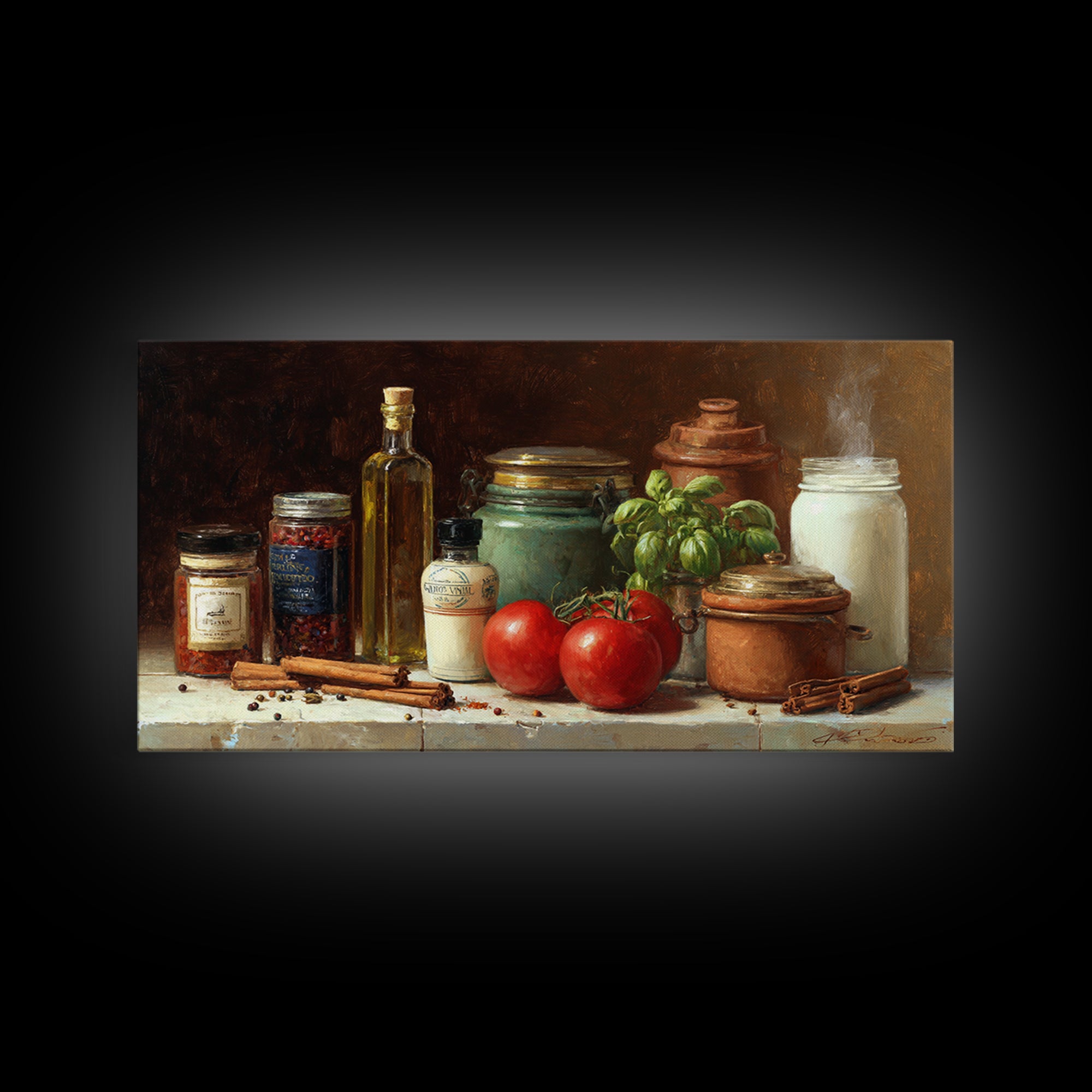 Cinnamon Sticks and Cappuccino Foam Still Life Framed Canvas Print, Coffee Shop Art, Kitchen Gift, Cafe Decor, Oil Painting, CSA-2x1-92