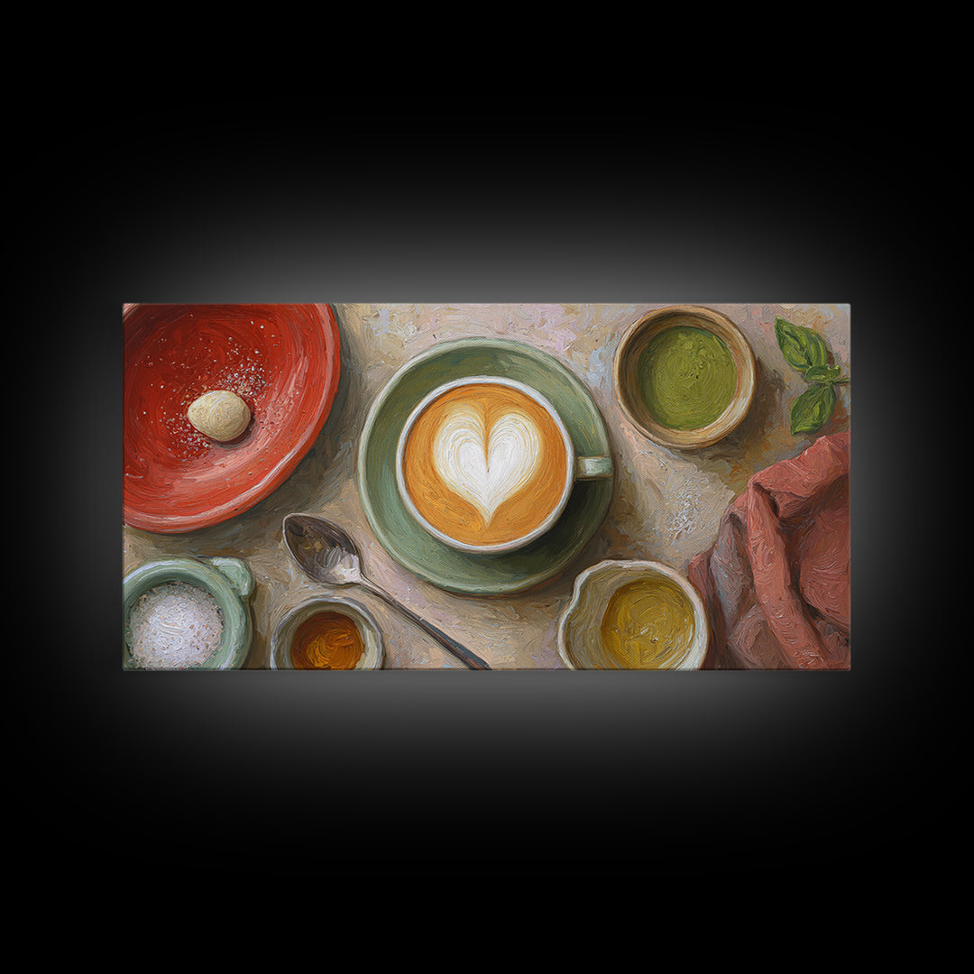 Latte Art Heart Seen from Above Framed Canvas Print, Coffee Shop Art, Kitchen Wall Decor, Cafe Decor, Oil Painting, Cafe, CSA-2x1-96