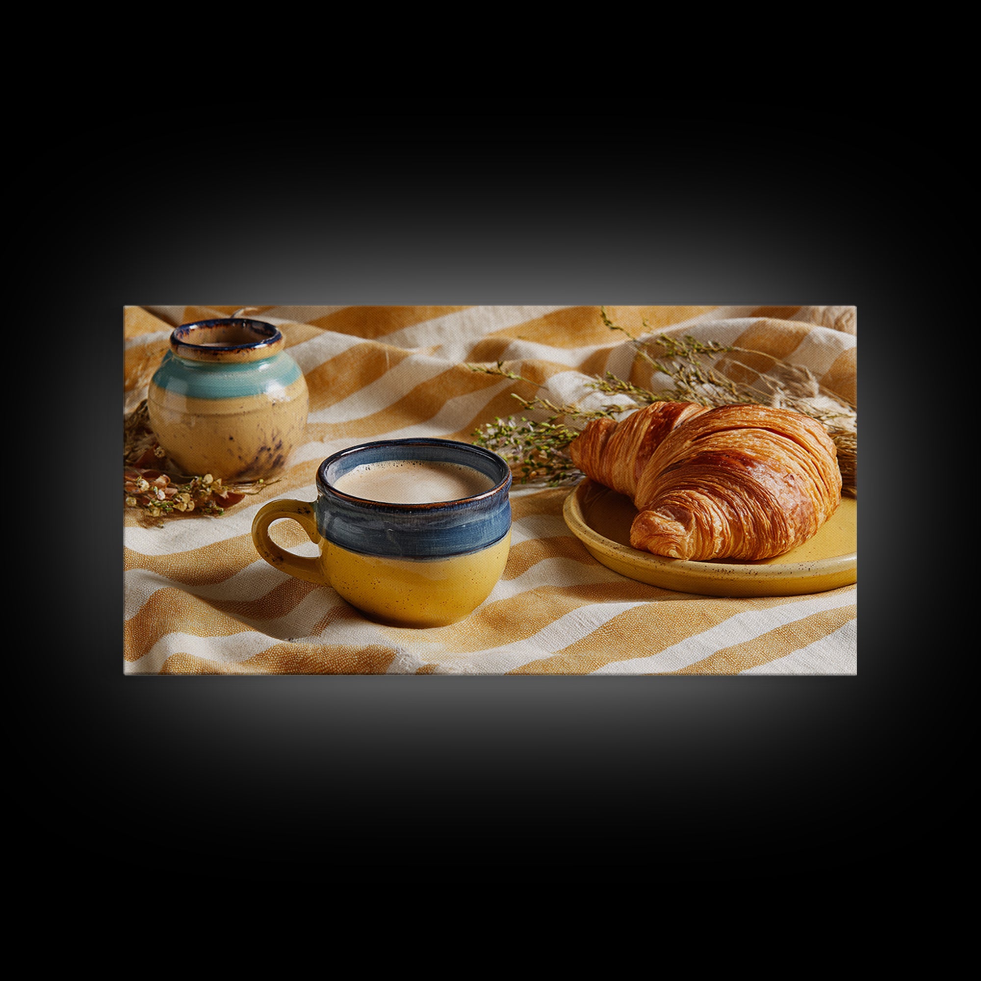 Croissant and Cappuccino on Striped Cloth Framed Canvas Print, Coffee Shop Art, Canvas Print, Cafe Decor, Fine Art, Cafe, CSA-2x1-97