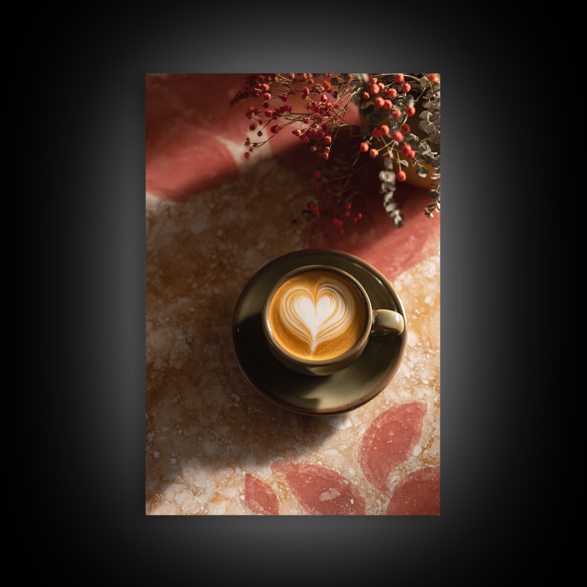 Latte Art Heart Seen from Above Framed Canvas Print, Coffee Shop Art, Digital Wall Art, Cafe Decor, Oil Painting, Cafe, CSA-2x3-12