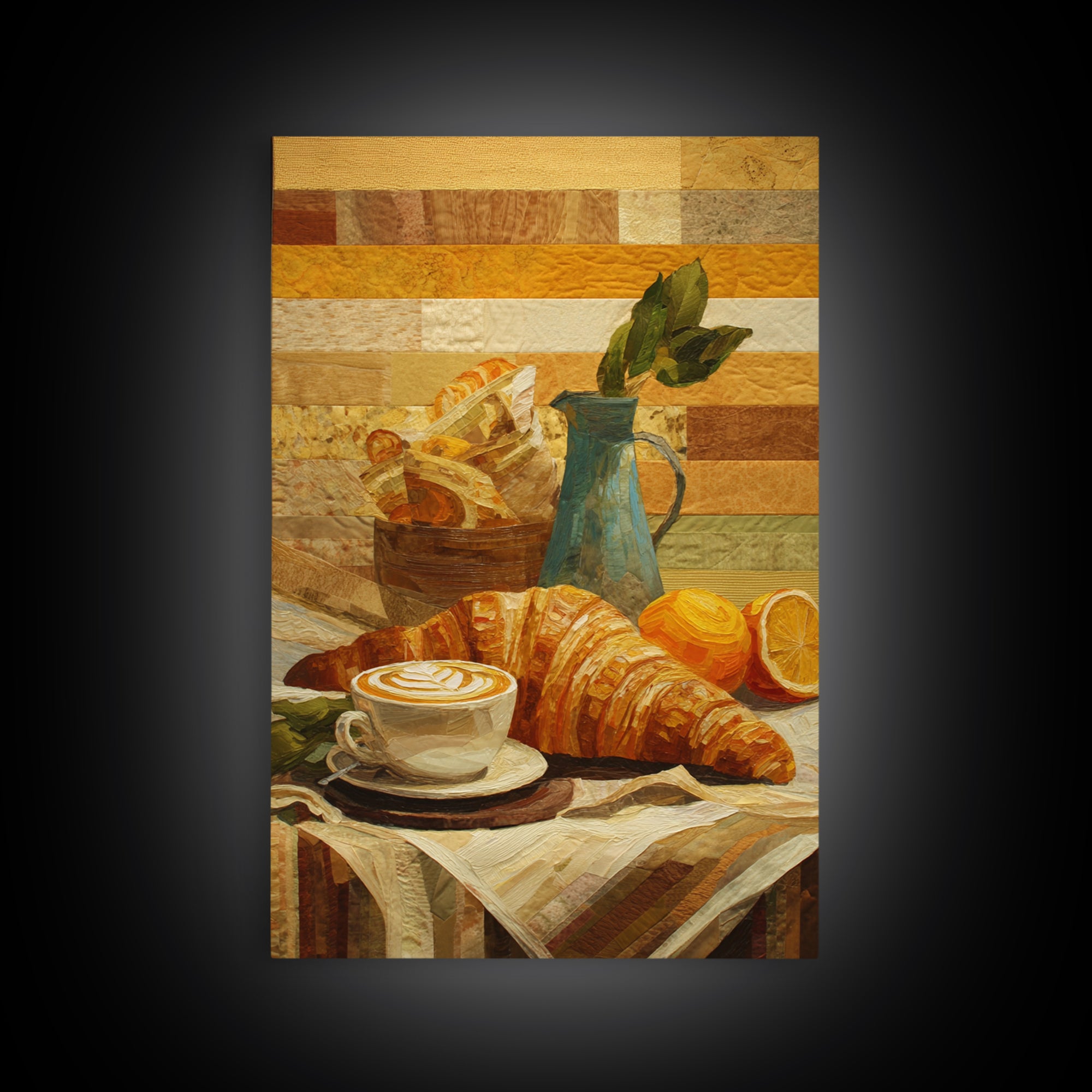 Croissant and Cappuccino on Striped Cloth Framed Canvas Print, Coffee Shop Art, Kitchen Wall Art, Cafe Decor, Fine Art, Cafe, CSA-2x3-13