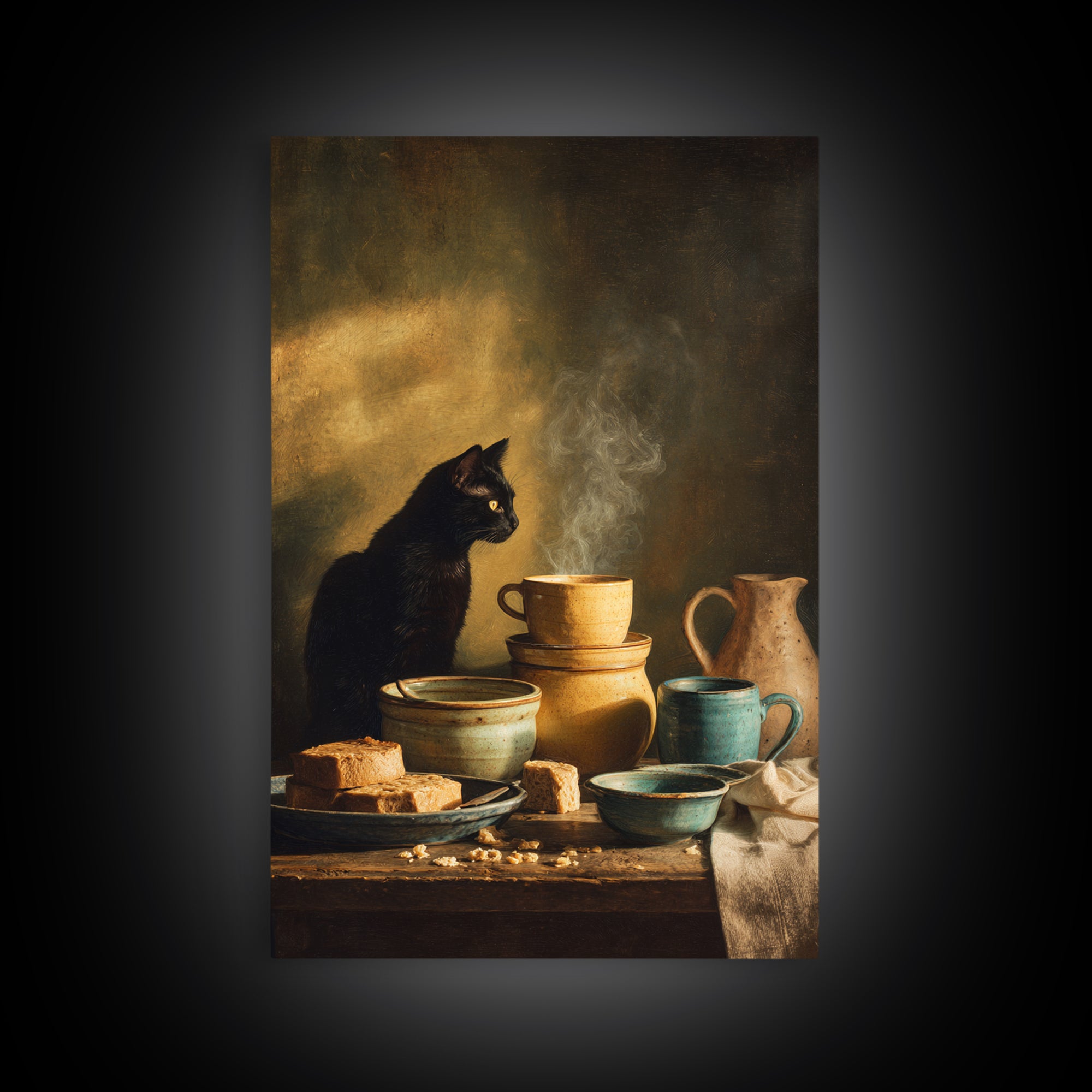 Black Cat Beside a Steaming Cup Framed Canvas Print, Coffee Shop Art, Wall Decor, Cafe Decor, Fine Art, Cafe, Kitchen Gift, CSA-2x3-22
