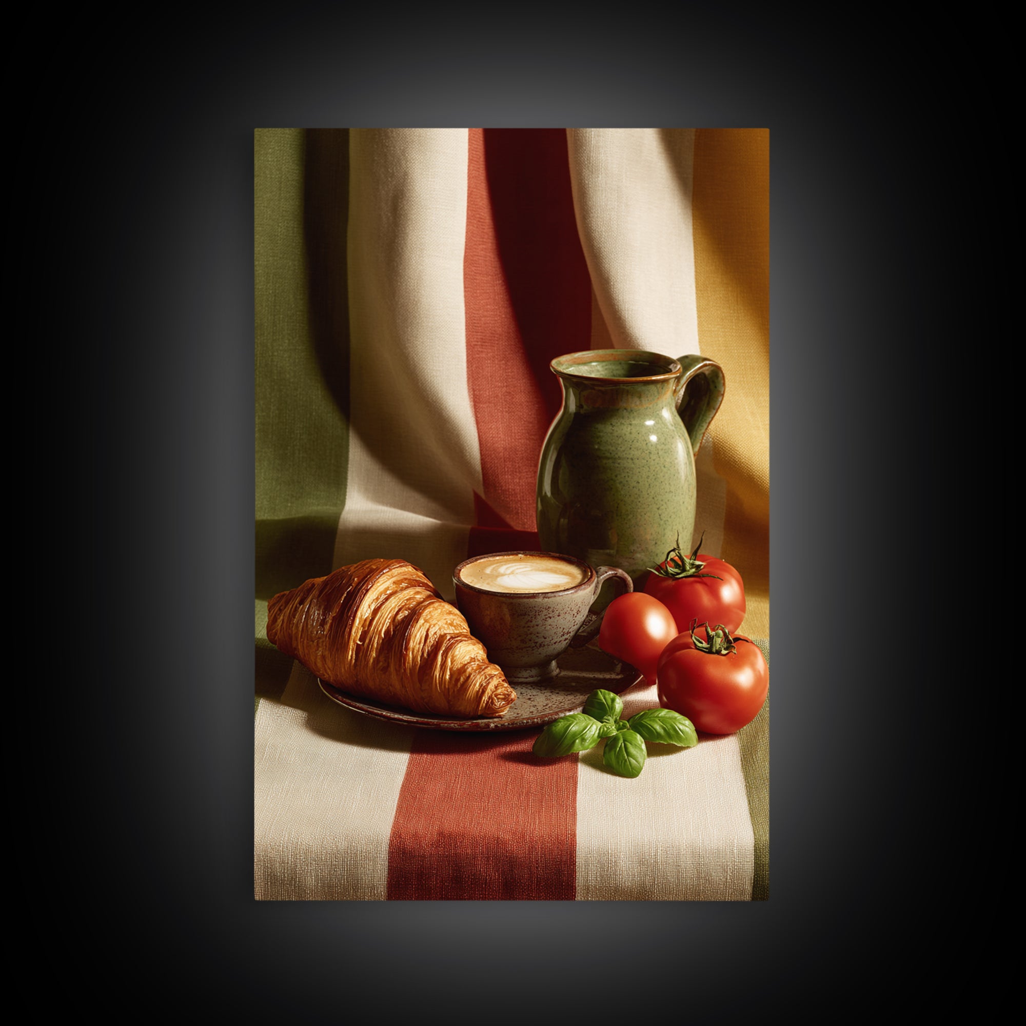 Croissant and Cappuccino on Striped Cloth Framed Canvas Print, Coffee Shop Art, Kitchen Wall Art, Cafe Decor, Fine Art, Cafe, CSA-2x3-37