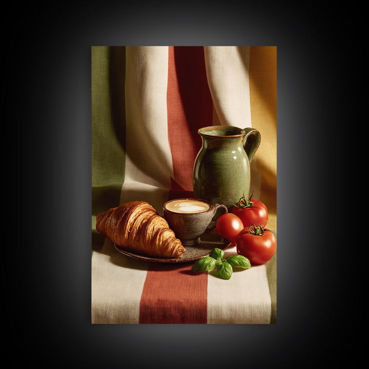 Croissant and Cappuccino on Striped Cloth Framed Canvas Print, Coffee Shop Art, Kitchen Wall Art, Cafe Decor, Fine Art, Cafe, CSA-2x3-37