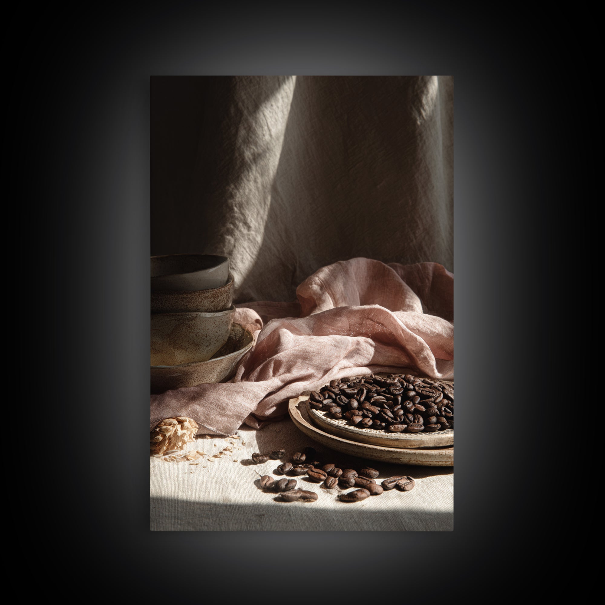 Roasted Beans Falling Through Dark Space Framed Canvas Print, Coffee Shop Art, Contemporary Art, Cafe Decor, Fine Art, Cafe, CSA-2x3-4