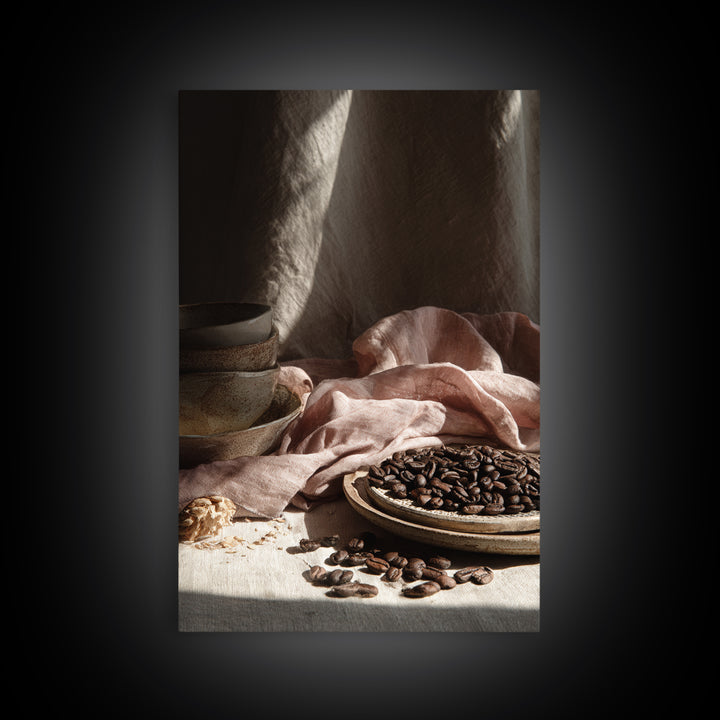 Roasted Beans Falling Through Dark Space Framed Canvas Print, Coffee Shop Art, Contemporary Art, Cafe Decor, Fine Art, Cafe, CSA-2x3-4