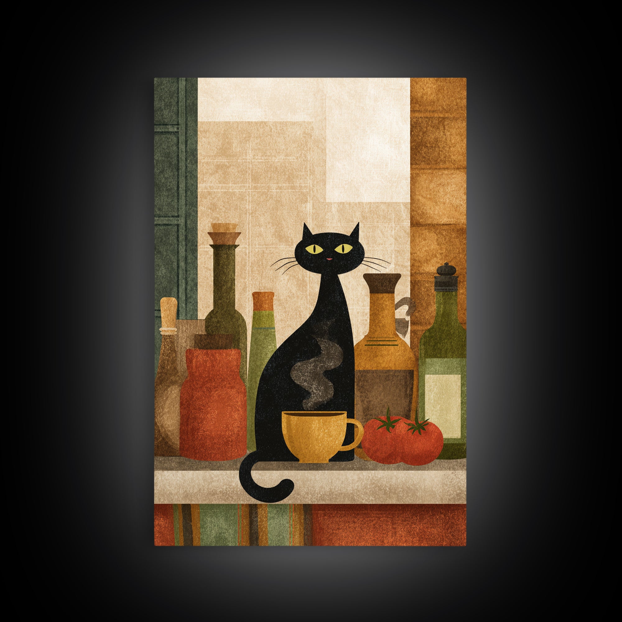 Black Cat Beside a Steaming Cup Framed Canvas Print, Coffee Shop Art, Wall Decor, Cafe Decor, Fine Art, Cafe, Kitchen Gift, CSA-2x3-46