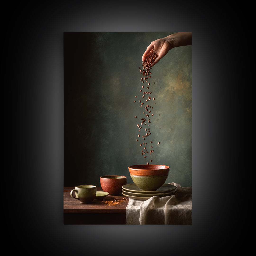 Roasted Beans Falling Through Dark Space Framed Canvas Print, Coffee Shop Art, Wall Decor, Cafe Decor, Fine Art, Cafe, CSA-2x3-52