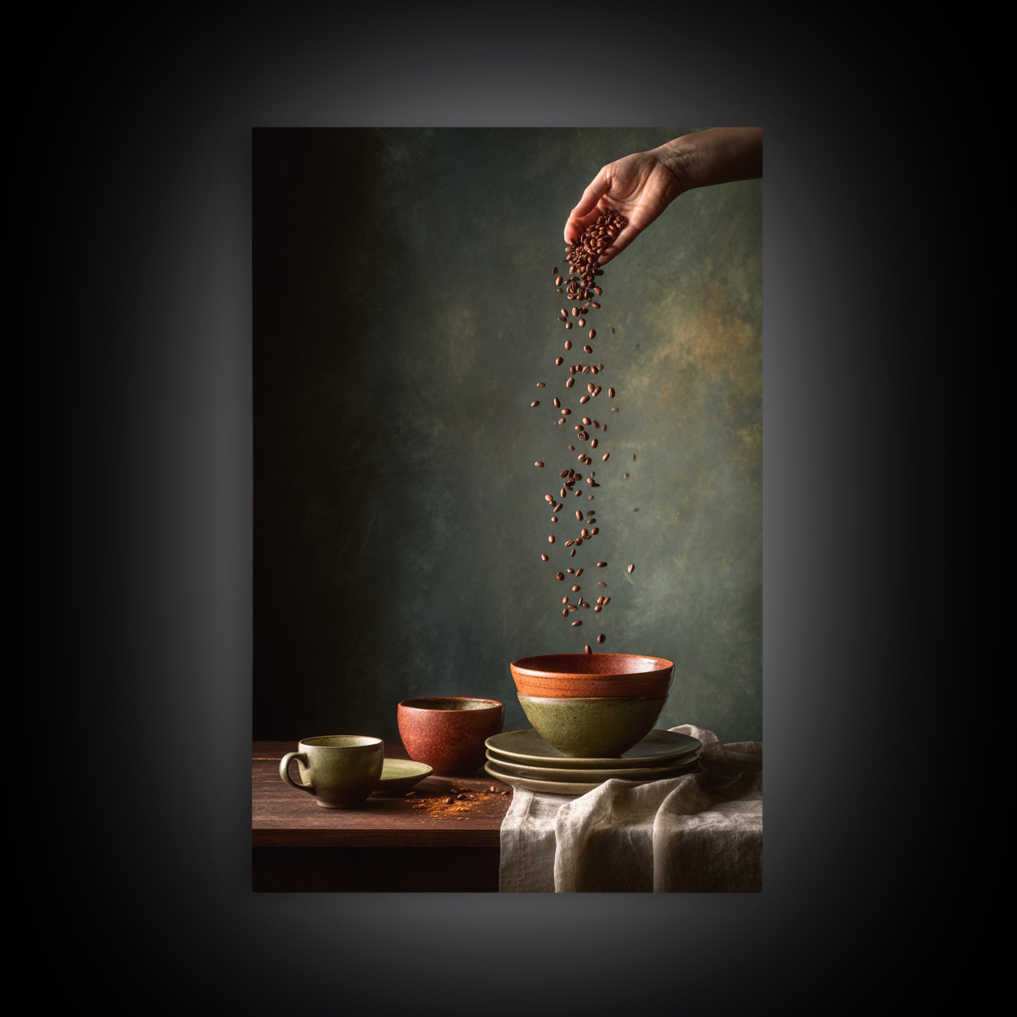 Roasted Beans Falling Through Dark Space Framed Canvas Print, Coffee Shop Art, Wall Decor, Cafe Decor, Fine Art, Cafe, CSA-2x3-52