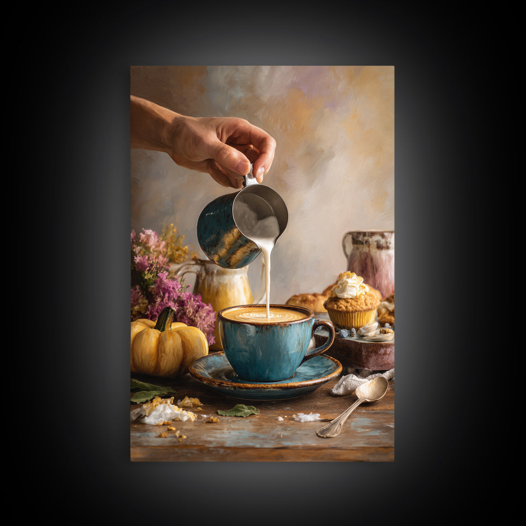 Barista Hands Pouring Milk into Espresso Framed Canvas Print, Coffee Shop Art, Kitchen Gift, Cafe Decor, Oil Painting, Cafe, CSA-2x3-53