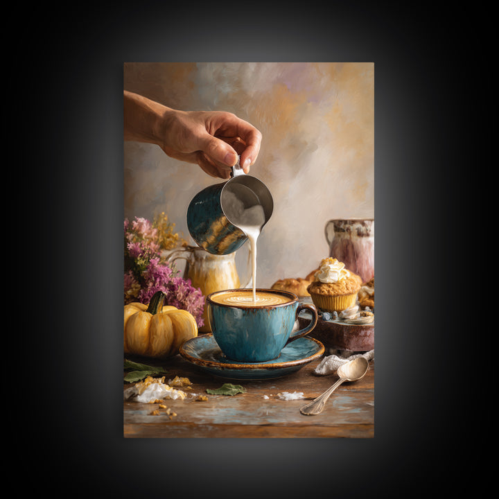 Barista Hands Pouring Milk into Espresso Framed Canvas Print, Coffee Shop Art, Kitchen Gift, Cafe Decor, Oil Painting, Cafe, CSA-2x3-53