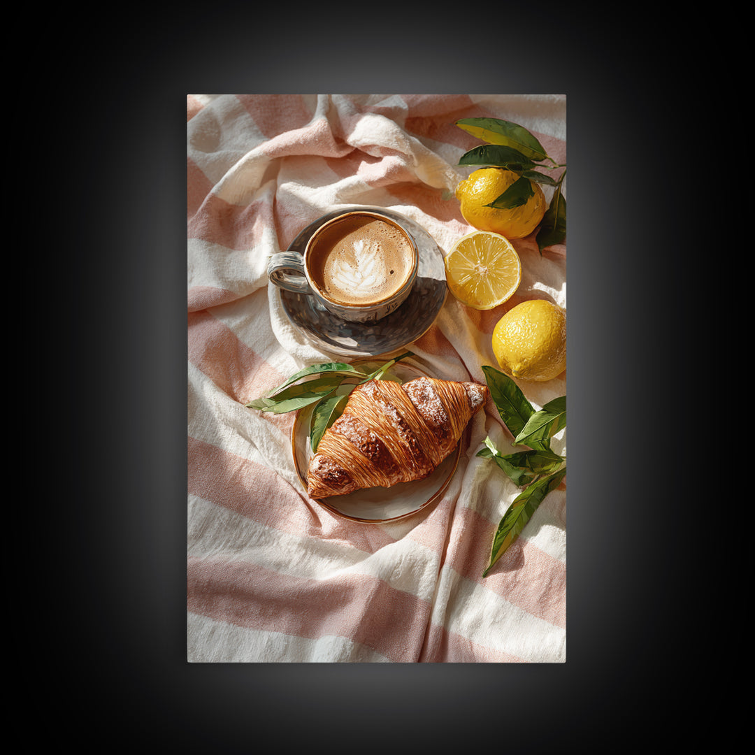 Croissant and Cappuccino on Striped Cloth Canvas Print, Coffee Shop Art, Dark Academia Decor, Cafe Decor, Fine Art, Cafe, CSA-2x3-61