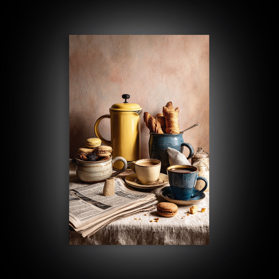 French Press and Morning Newspaper Without Readable Canvas Print, Coffee Shop Art, Digital Wall Art, Cafe Decor, Oil Painting, CSA-2x3-66