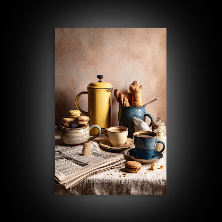 French Press and Morning Newspaper Without Readable Canvas Print, Coffee Shop Art, Digital Wall Art, Cafe Decor, Oil Painting, CSA-2x3-66