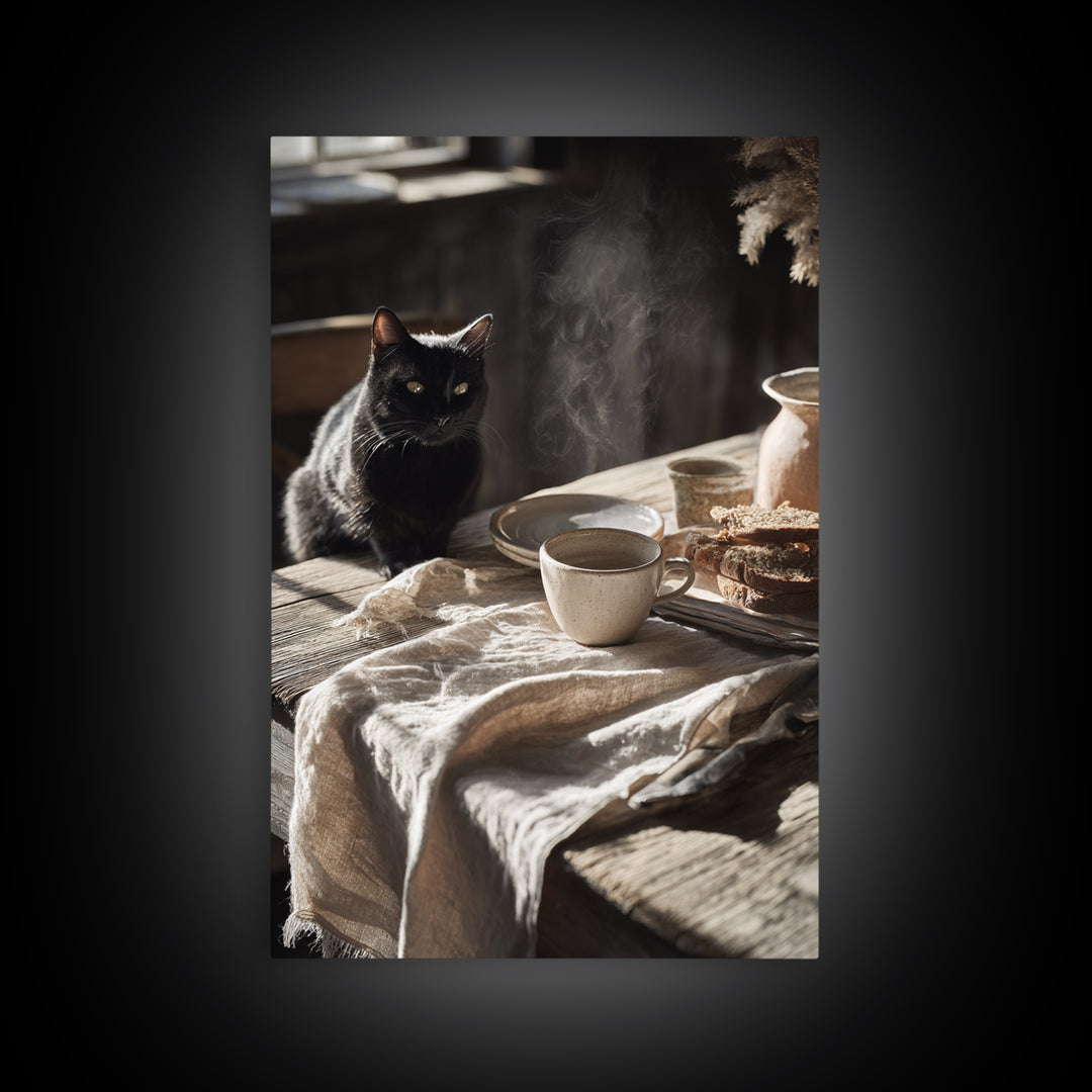 Black Cat Beside a Steaming Cup Canvas Print, Coffee Shop Art, Canvas Wall Art, Cafe Decor, Fine Art, Cafe, Bedroom Wall Art, CSA-2x3-70
