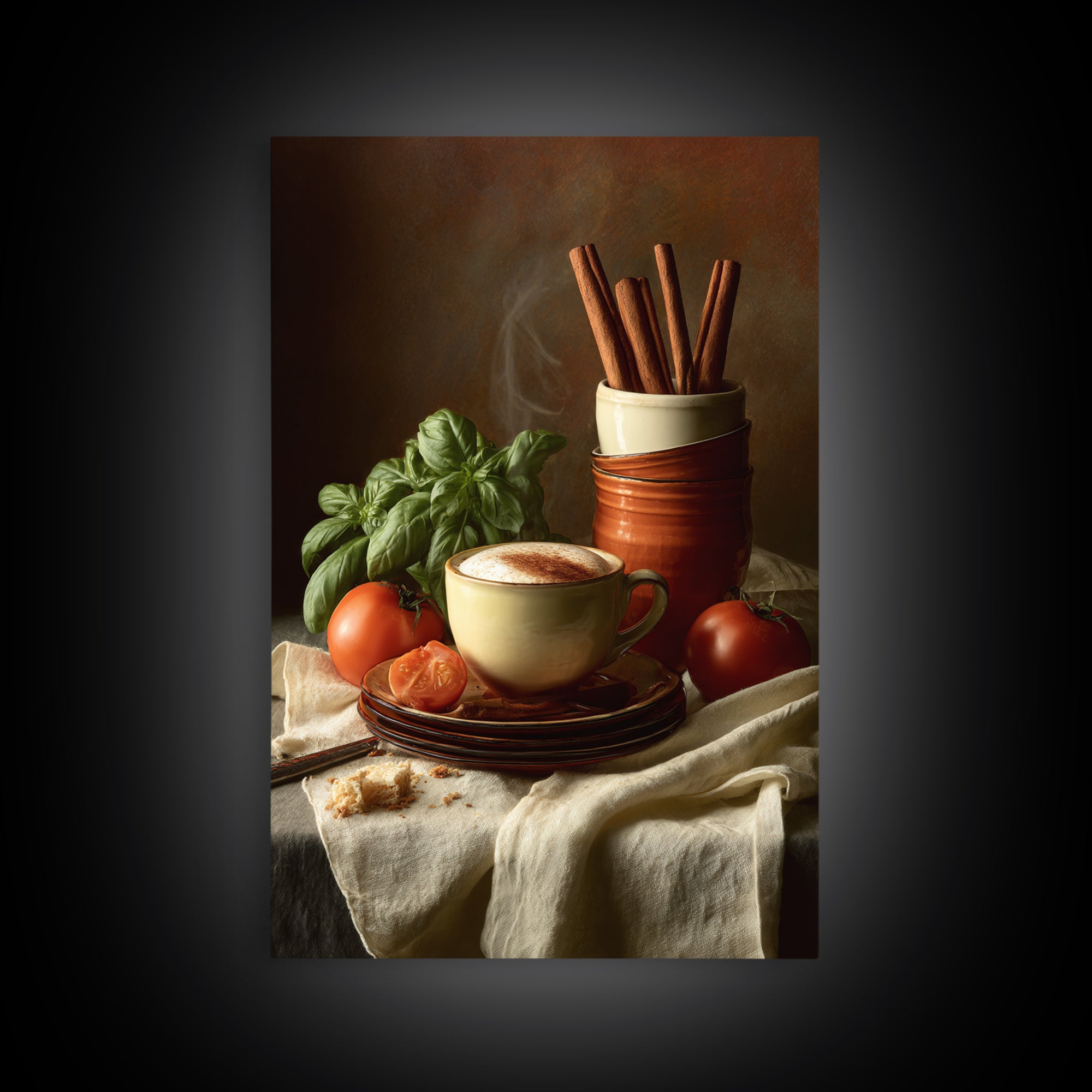 Cinnamon Sticks and Cappuccino Foam Still Life Framed Canvas Print, Coffee Shop Art, Whimsical Art, Cafe Decor, Oil Painting, CSA-2x3-8