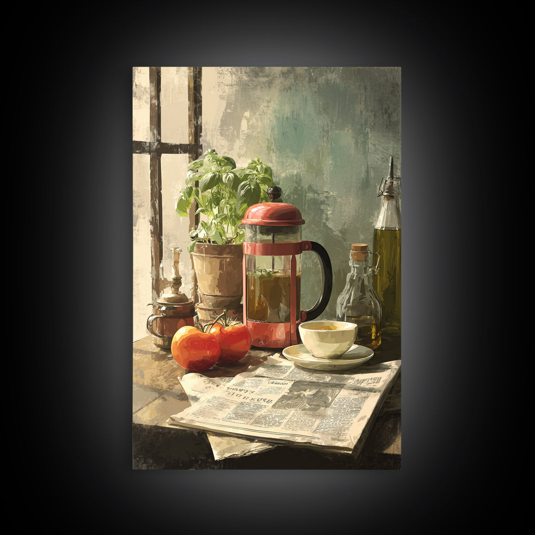 French Press and Morning Newspaper Without Readable Framed Canvas Print, Coffee Shop Art, Farmhouse Decor, Cafe Decor, Cafe, CSA-2x3-90