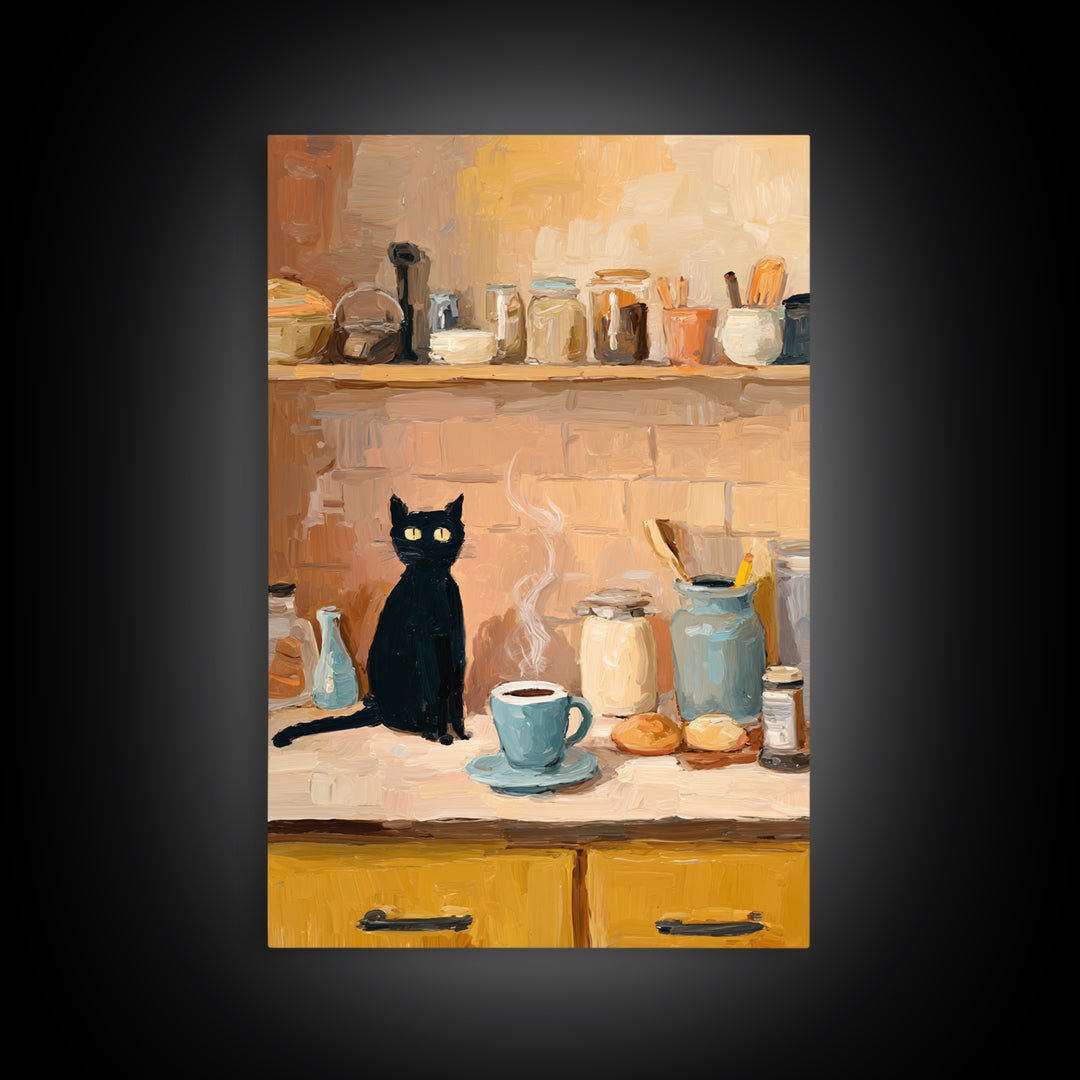 Black Cat Beside a Steaming Cup Framed Canvas Print, Coffee Shop Art, Kitchen Art, Cafe Decor, Cafe, Minimalist Wall Art, CSA-2x3-94