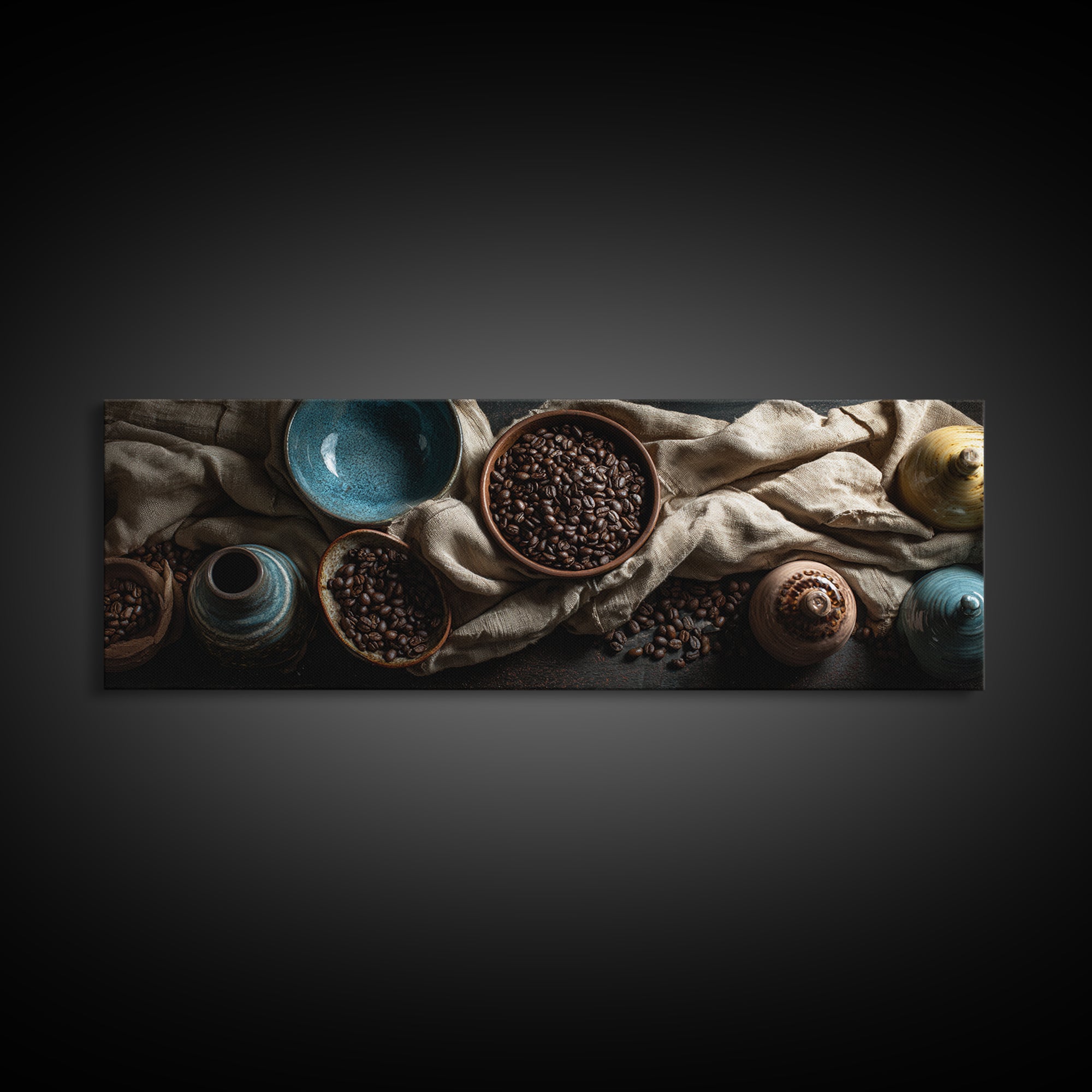 Roasted Beans Falling Through Dark Space Framed Canvas Print, Coffee Shop Art, Moody Wall Art, Cafe Decor, Fine Art, Cafe, CSA-3x1-12