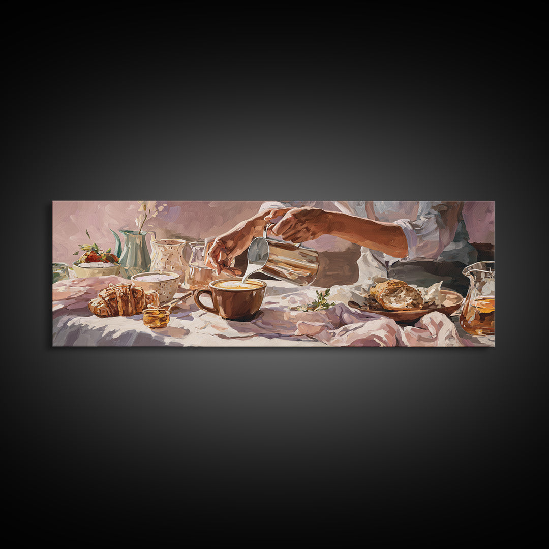 Barista Hands Pouring Milk into Espresso Canvas Print, Coffee Shop Art, Dopamine Decor, Cafe Decor, Cafe, Coffee Wall Art, CSA-3x1-13