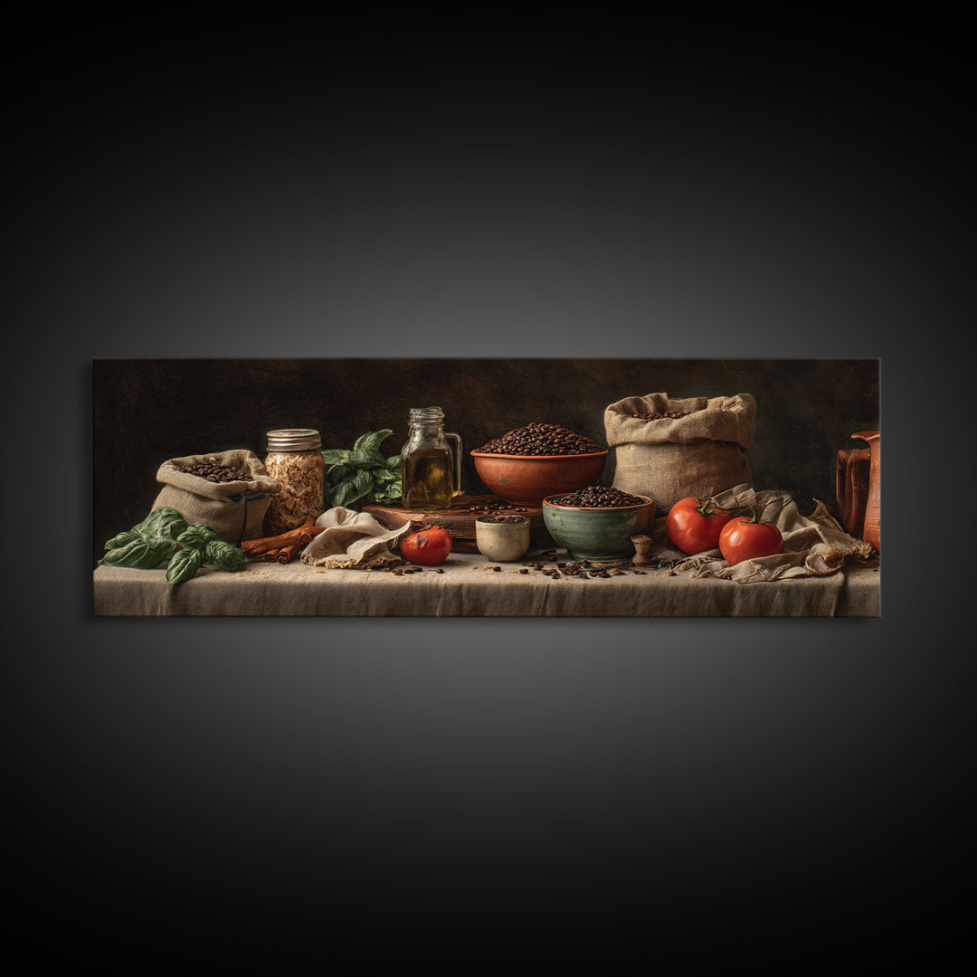 Coffee Beans and Burlap Sack Still Life Framed Canvas Print, Coffee Shop Art, Kitchen Art, Cafe Decor, Fine Art, Cafe, CSA-3x1-18