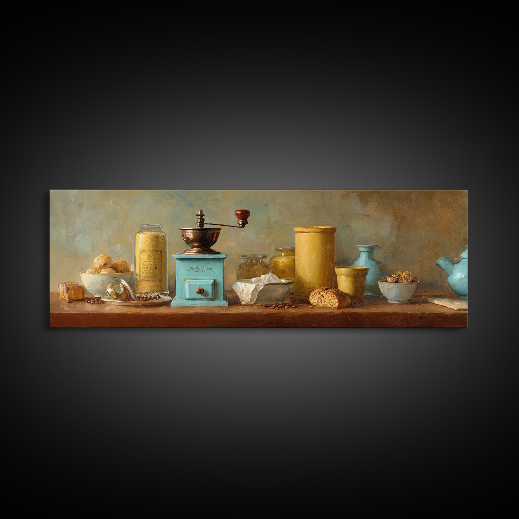 Coffee Grinder Antique Still Life Framed Canvas Print, Coffee Shop Art, Whimsical Art, Cafe Decor, Oil Painting, Cafe, CSA-3x1-28