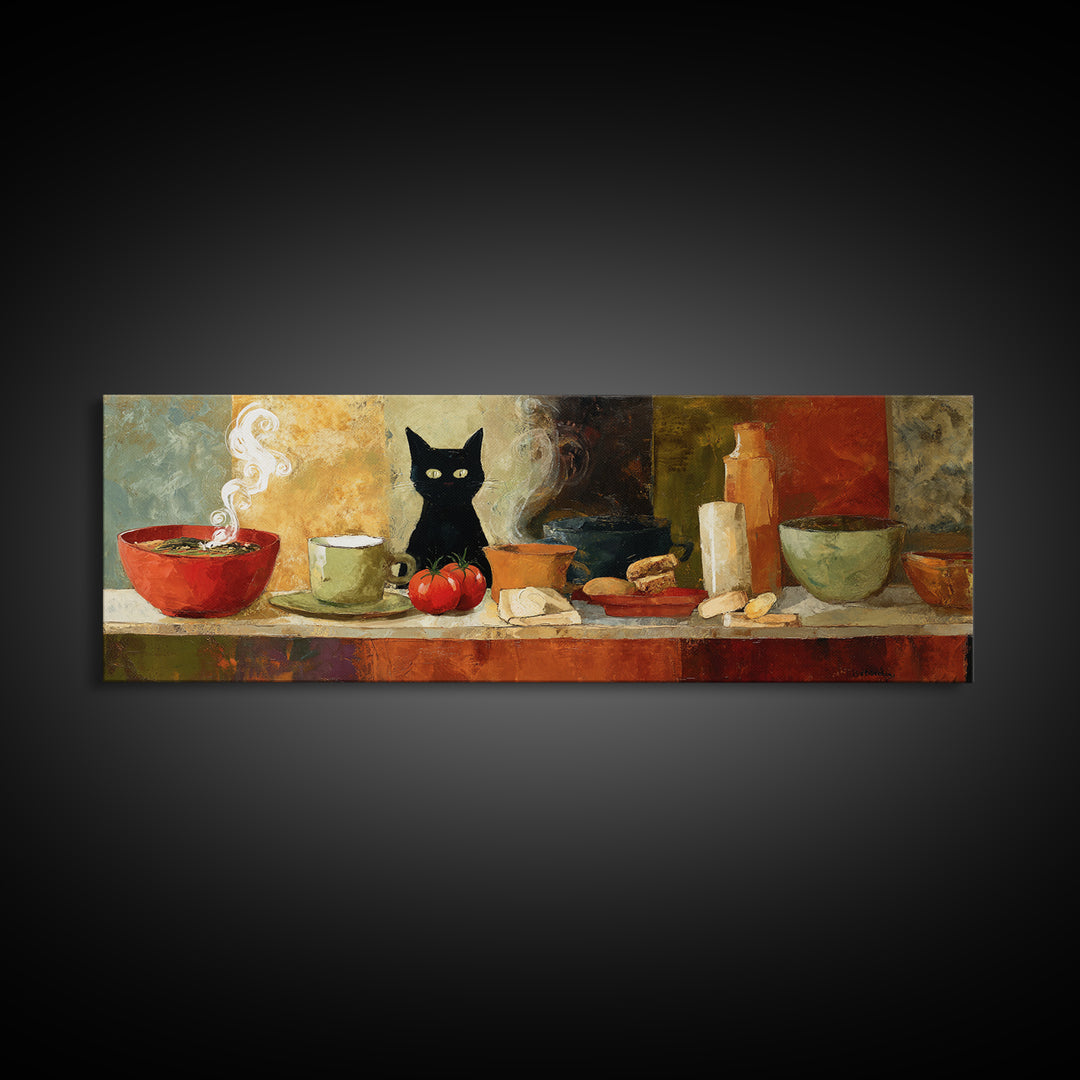Black Cat Beside a Steaming Cup Canvas Print, Coffee Shop Art, Printable, Cafe Decor, Fine Art, Cafe, Dopamine Decor, CSA-3x1-30