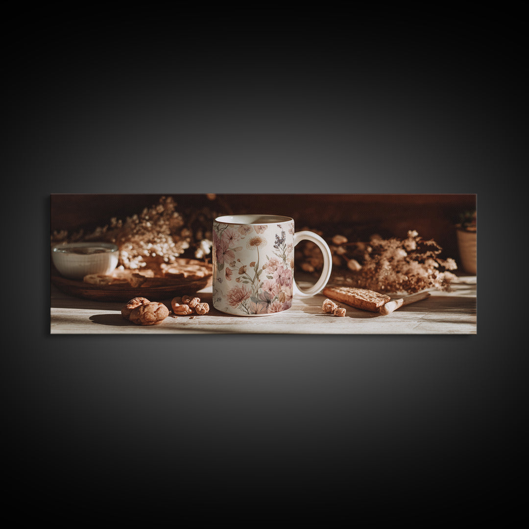 Ceramic Mug with Wildflowers Around It Framed Canvas Print, Coffee Shop Art, Coffee Wall Art, Cafe Decor, Fine Art, Cafe, CSA-3x1-32