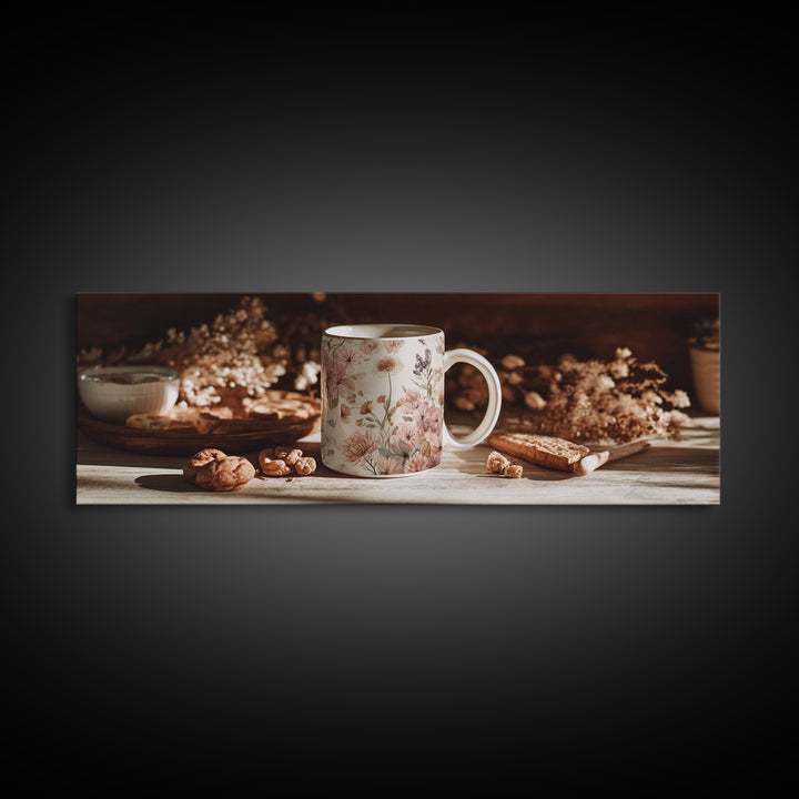 Ceramic Mug with Wildflowers Around It Framed Canvas Print, Coffee Shop Art, Coffee Wall Art, Cafe Decor, Fine Art, Cafe, CSA-3x1-32
