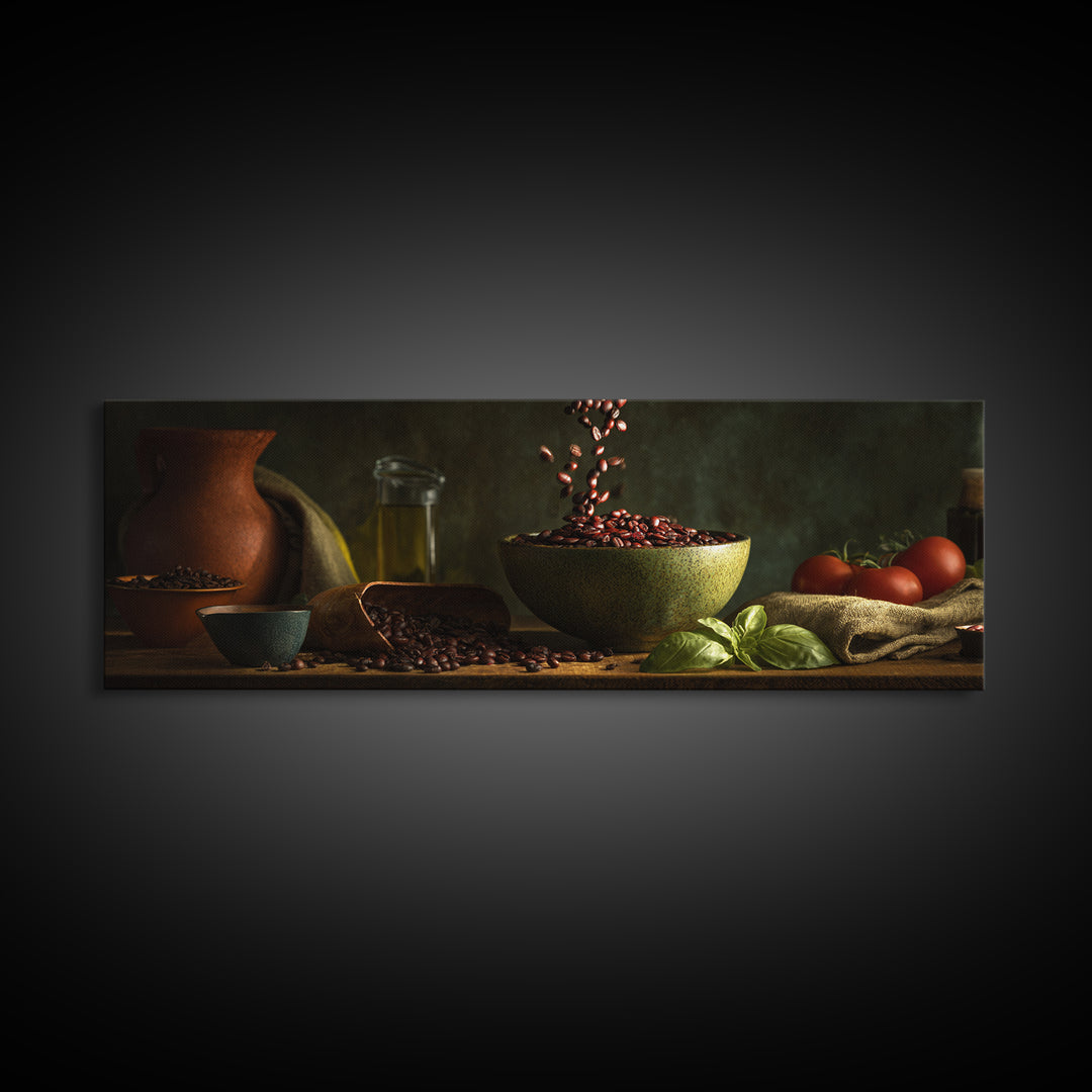 Roasted Beans Falling Through Dark Space Canvas Print, Coffee Shop Art, Gallery Decor, Cafe Decor, Fine Art, Cafe, Wall Art, CSA-3x1-36