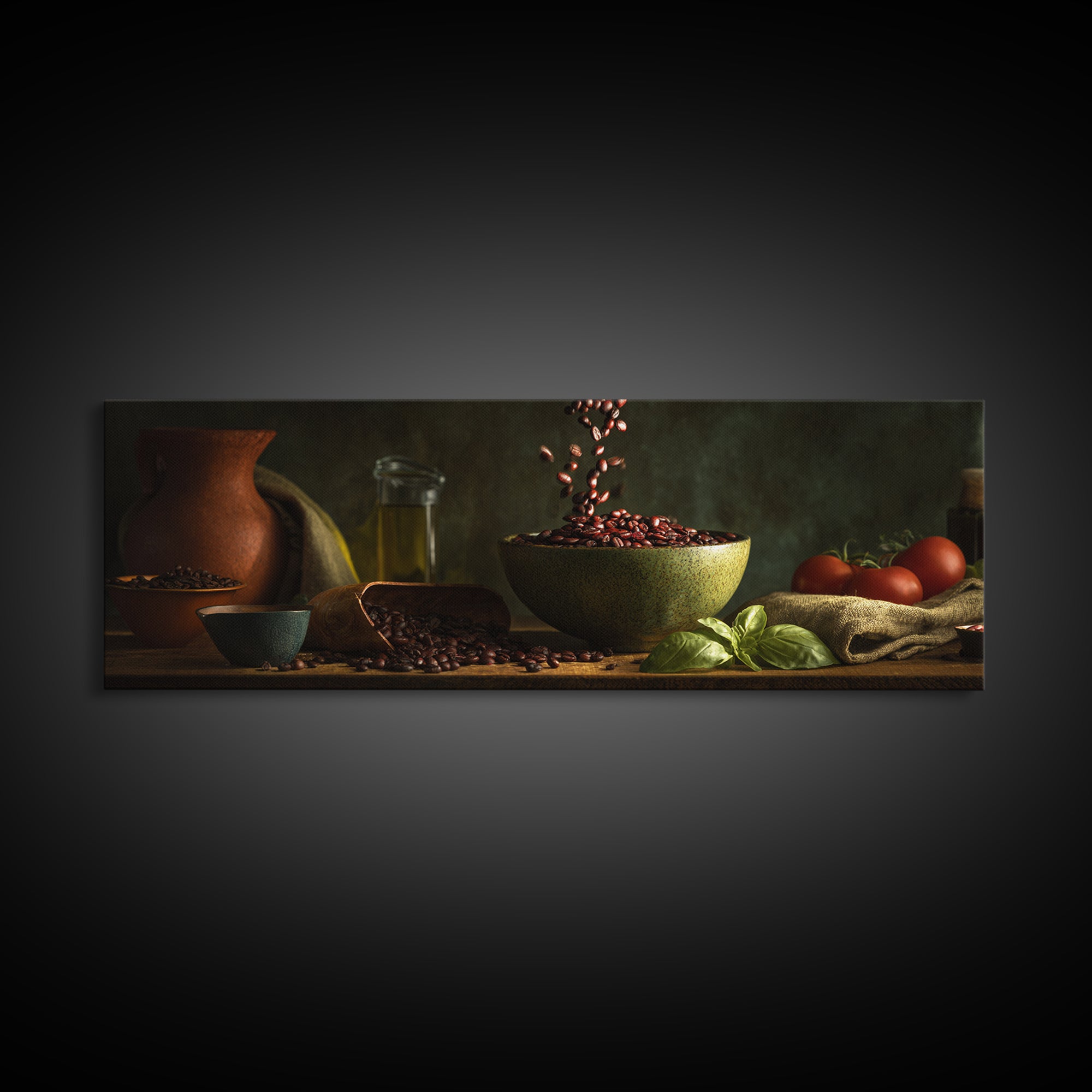 Roasted Beans Falling Through Dark Space Canvas Print, Coffee Shop Art, Gallery Decor, Cafe Decor, Fine Art, Cafe, Wall Art, CSA-3x1-36