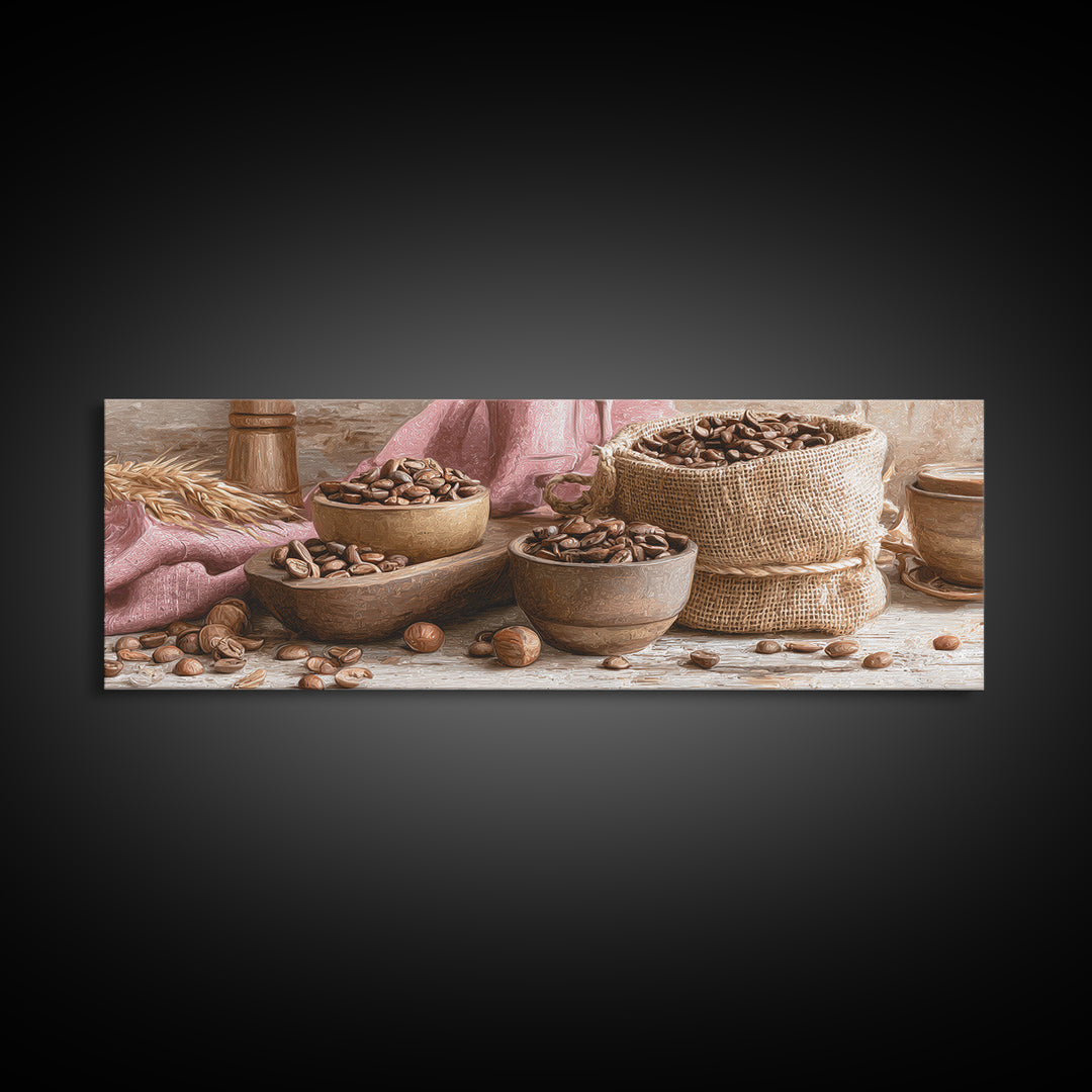 Coffee Beans and Burlap Sack Still Life Canvas Print, Coffee Shop Art, Canvas Print, Cafe Decor, Fine Art, Cafe, Neutral Decor, CSA-3x1-42